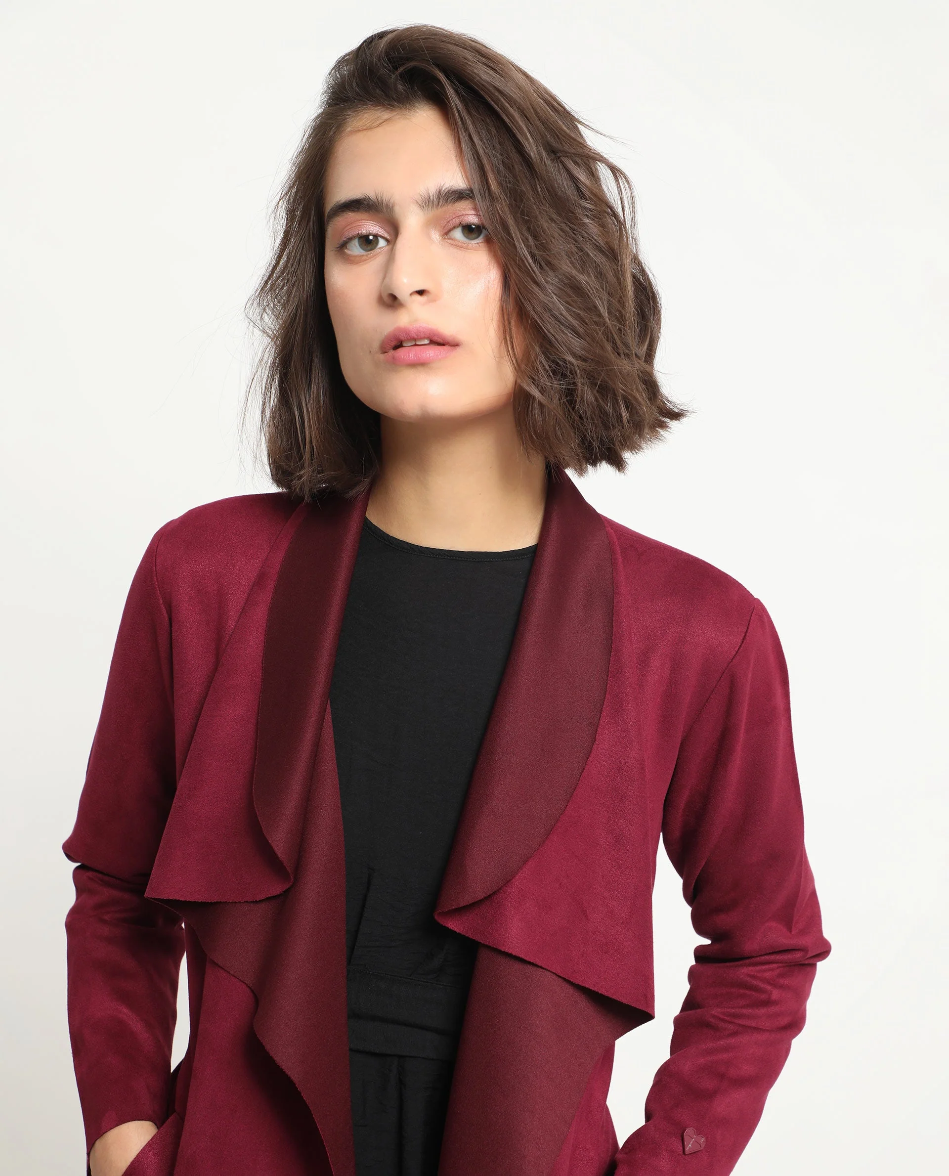 Rareism Women's Palmer 1 Maroon Polyester Cutaway Collar Plain Knee Length Relaxed Fit Jacket - Image 7
