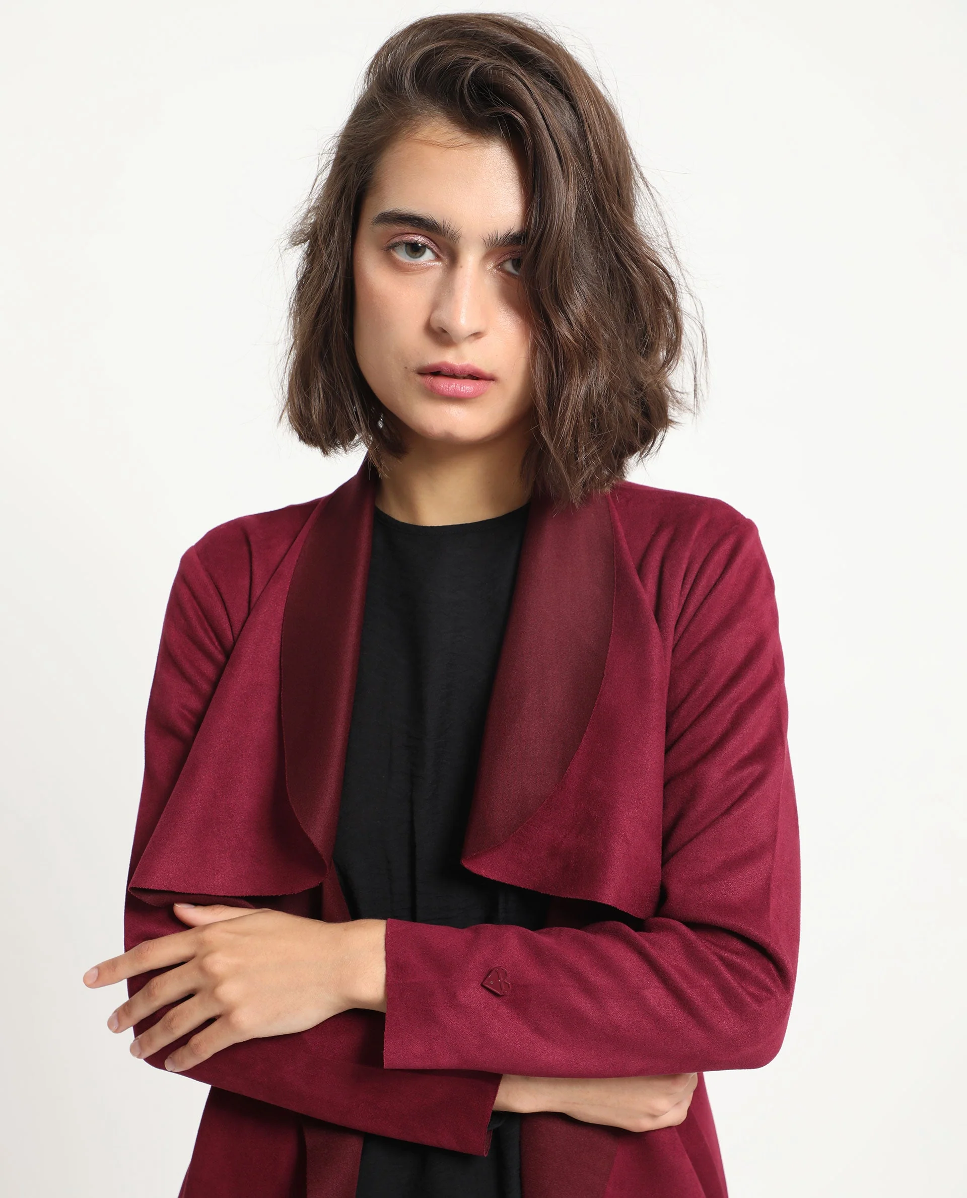 Rareism Women's Palmer 1 Maroon Polyester Cutaway Collar Plain Knee Length Relaxed Fit Jacket - Image 8
