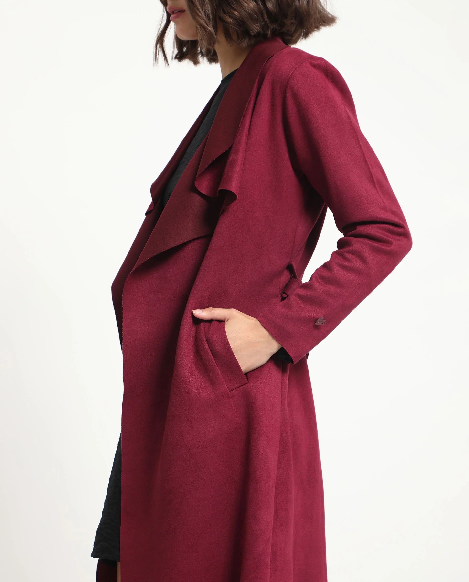 Rareism Women's Palmer 1 Maroon Polyester Cutaway Collar Plain Knee Length Relaxed Fit Jacket - Image 9
