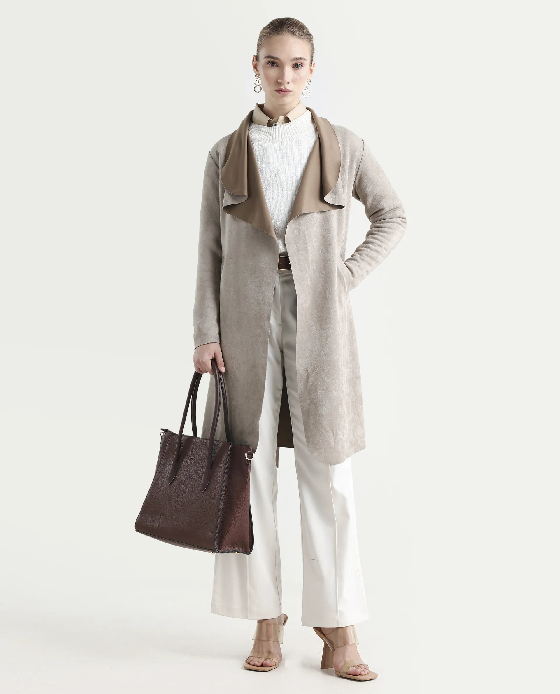 Rareism Women's Palmer-25 Off White Polyester Blend Fabric Lapel Neck Regular Fit Coat - Image 2