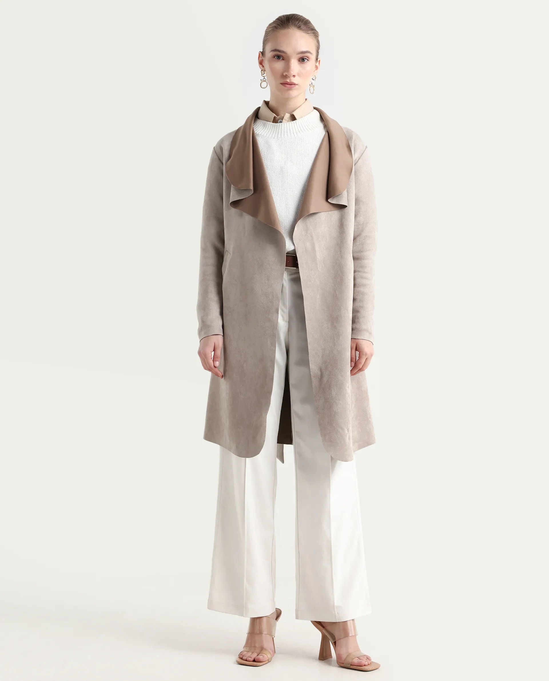 Rareism Women's Palmer-25 Off White Polyester Blend Fabric Lapel Neck Regular Fit Coat - Image 3