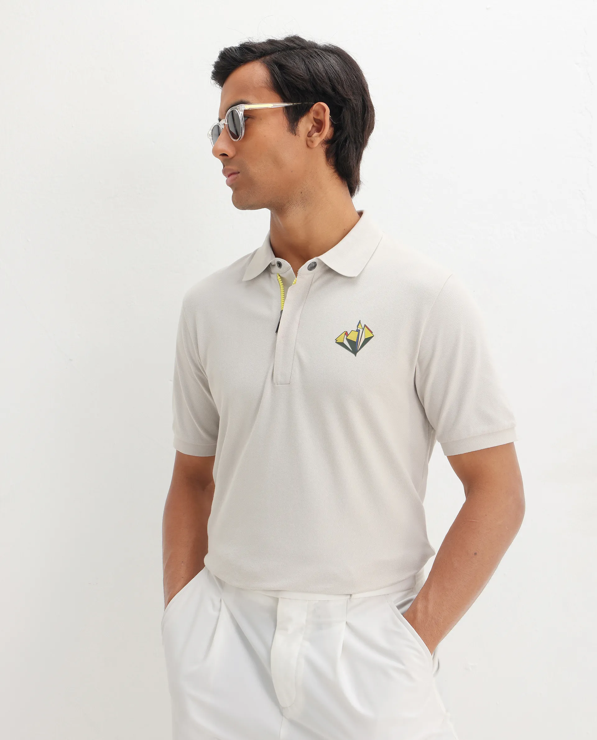 Rare Rabbit Men's Palmer Beige Cotton Plain Regular Fit Half Sleeve Polo