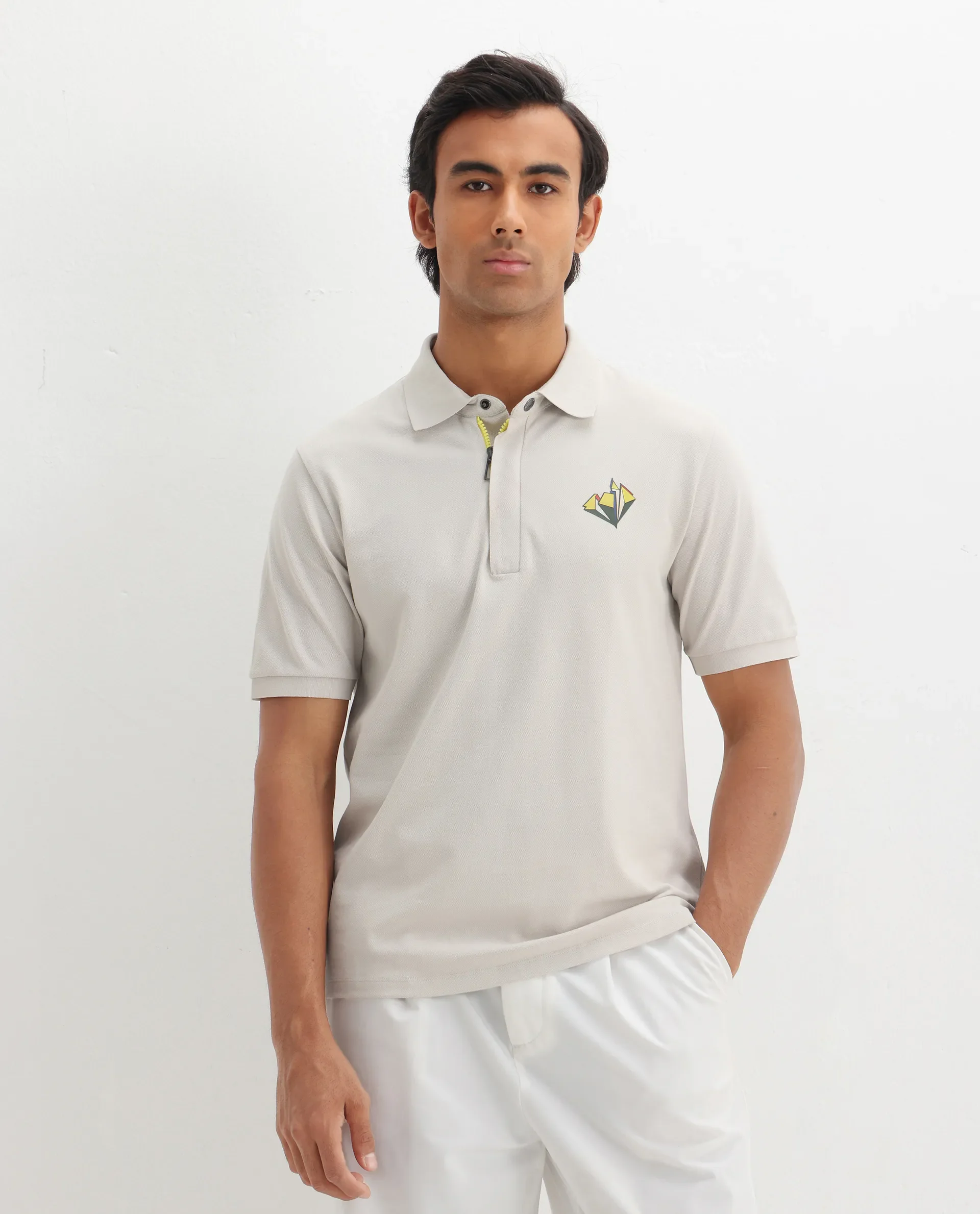 Rare Rabbit Men's Palmer Beige Cotton Plain Regular Fit Half Sleeve Polo - Image 3