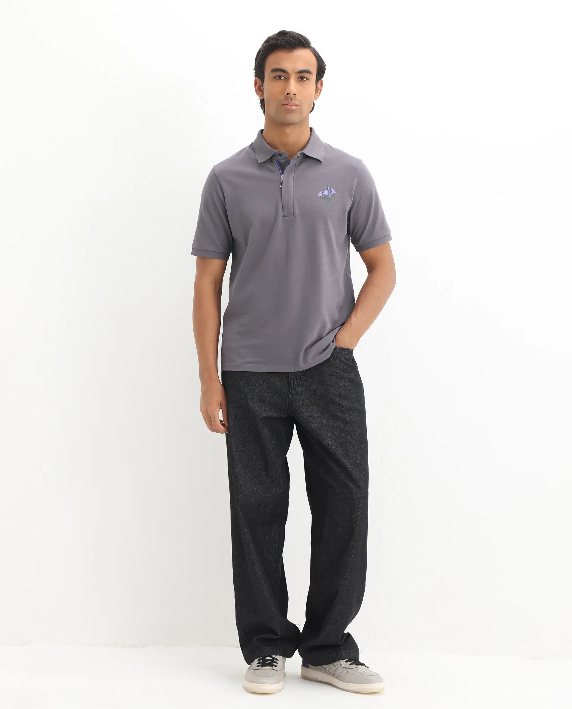 Rare Rabbit Men's Palmer Dusky Grey Cotton Plain Regular Fit Half Sleeve Polo - Image 2