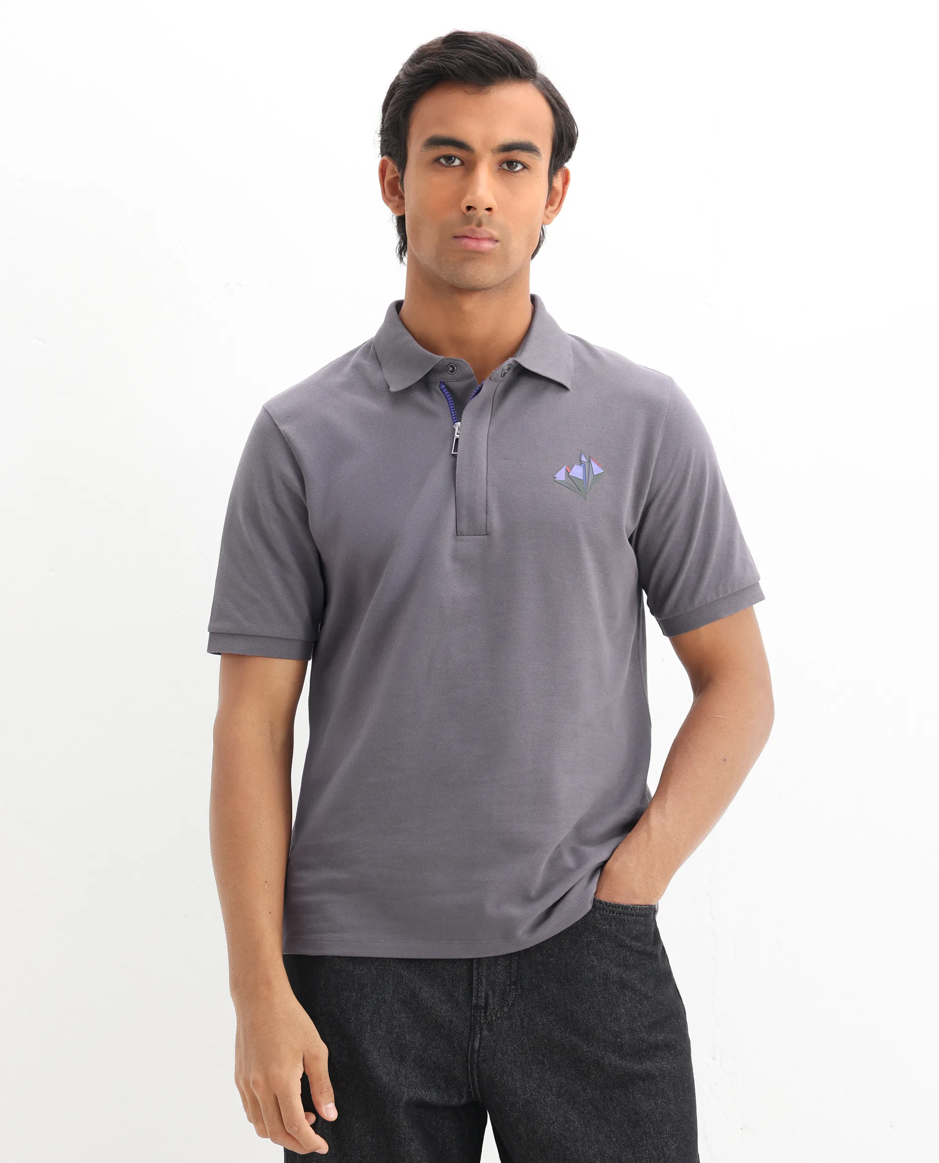 Rare Rabbit Men's Palmer Dusky Grey Cotton Plain Regular Fit Half Sleeve Polo - Image 4