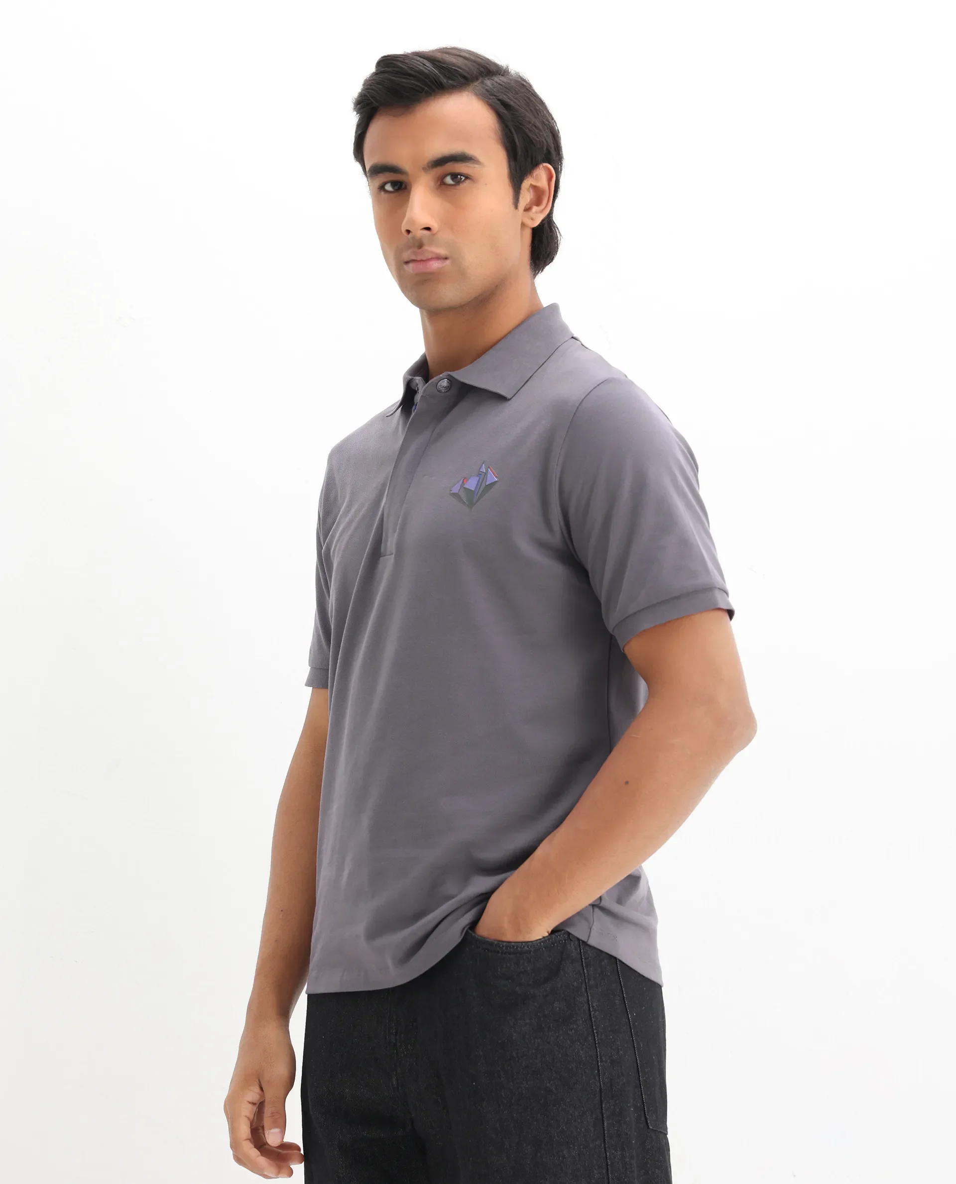 Rare Rabbit Men's Palmer Dusky Grey Cotton Plain Regular Fit Half Sleeve Polo - Image 5