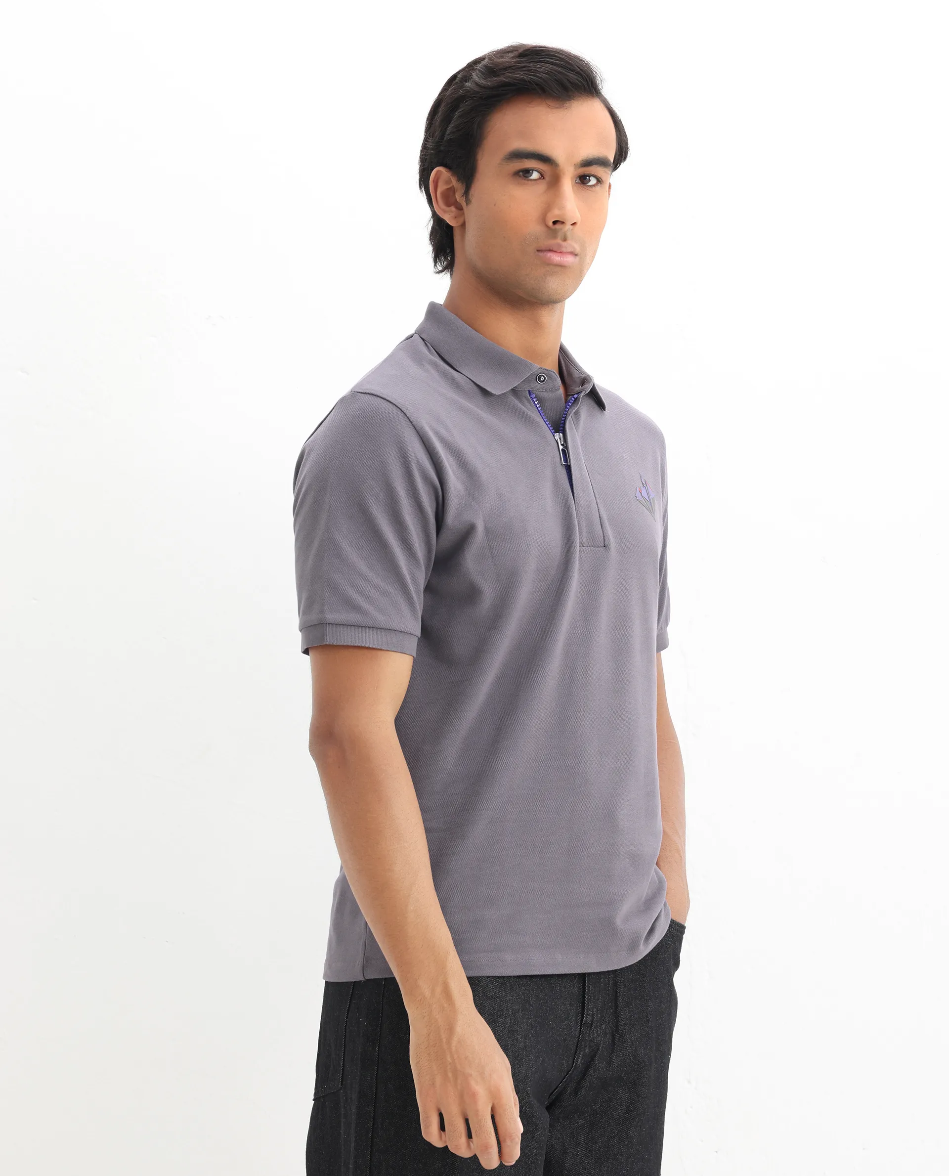 Rare Rabbit Men's Palmer Dusky Grey Cotton Plain Regular Fit Half Sleeve Polo - Image 6