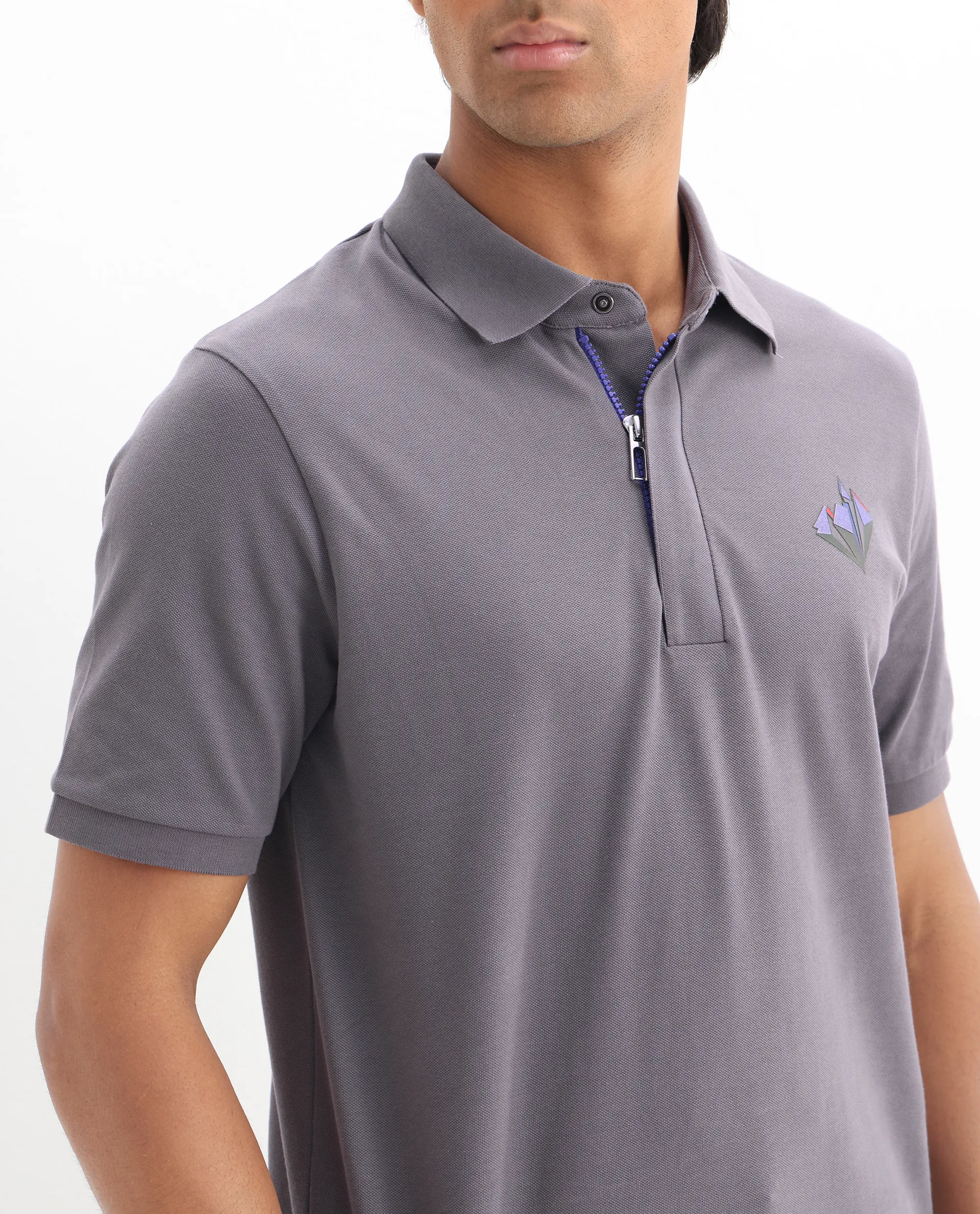 Rare Rabbit Men's Palmer Dusky Grey Cotton Plain Regular Fit Half Sleeve Polo - Image 8