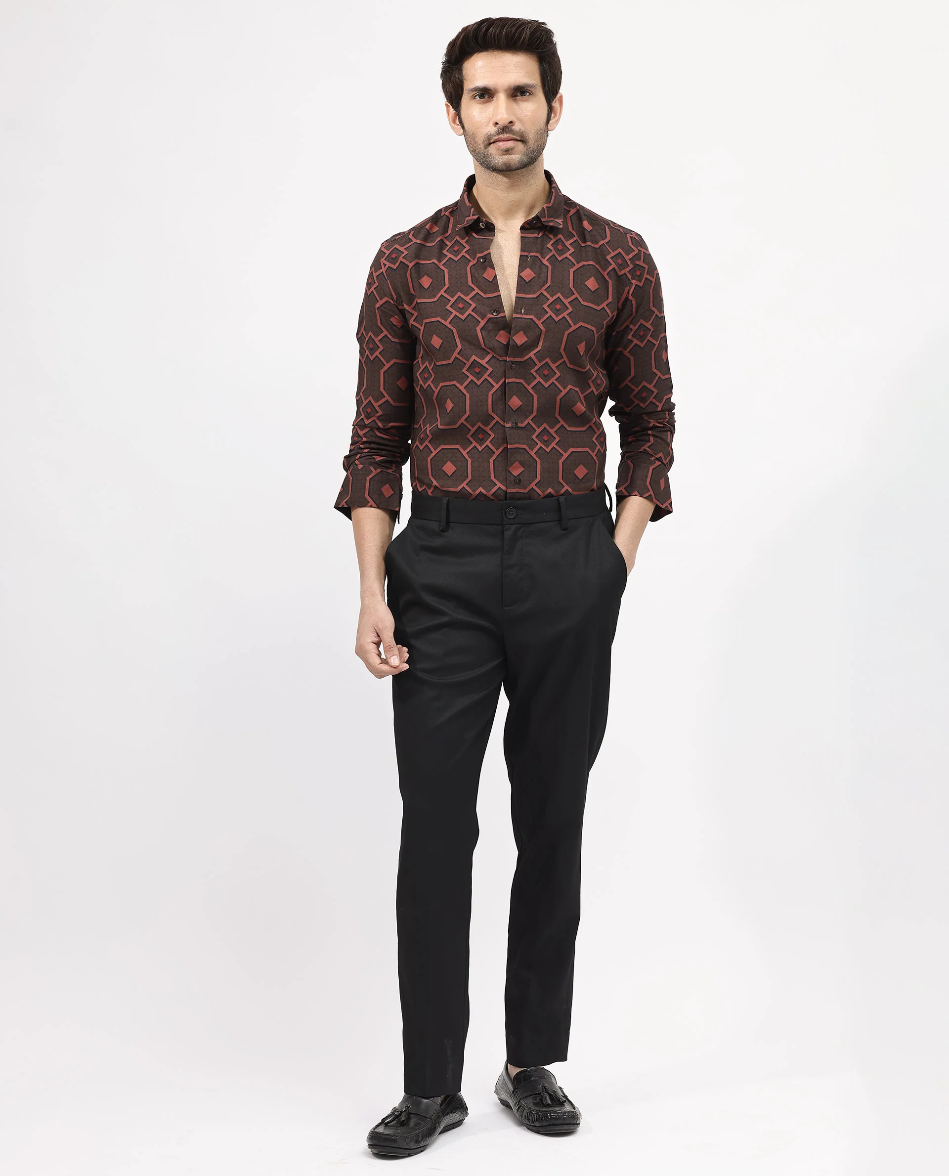 Rare Rabbit Men's Palmer Brown Cotton Geometric Print Regular Fit Full Sleeve Collared Shirt - Image 2