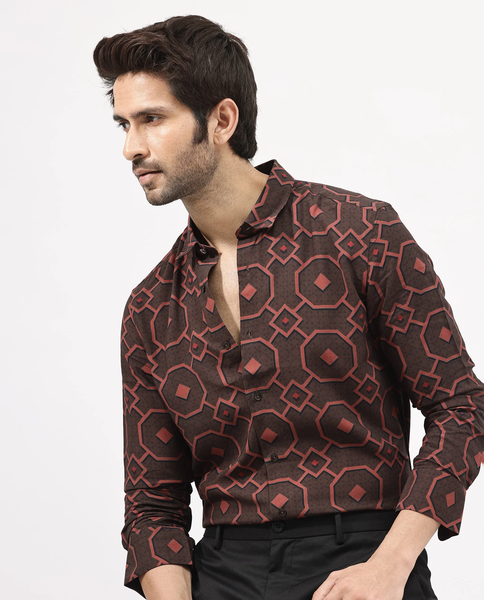 Rare Rabbit Men's Palmer Brown Cotton Geometric Print Regular Fit Full Sleeve Collared Shirt - Image 3