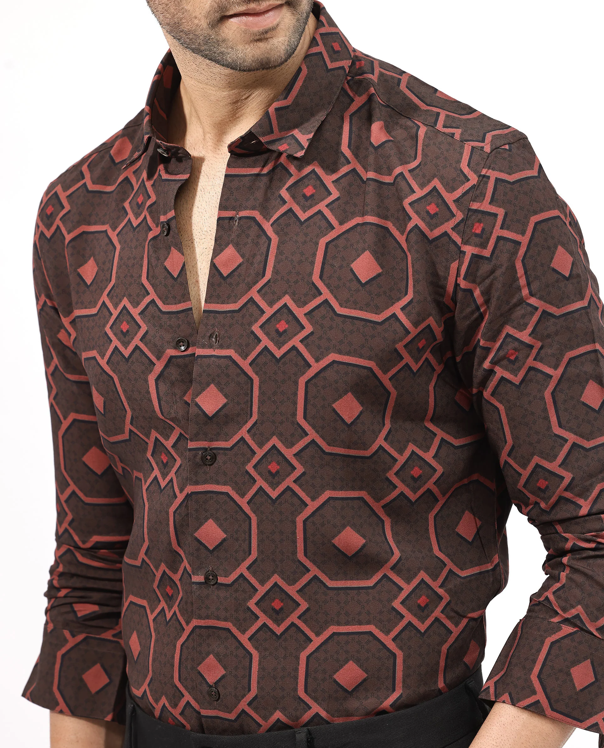 Rare Rabbit Men's Palmer Brown Cotton Geometric Print Regular Fit Full Sleeve Collared Shirt - Image 5