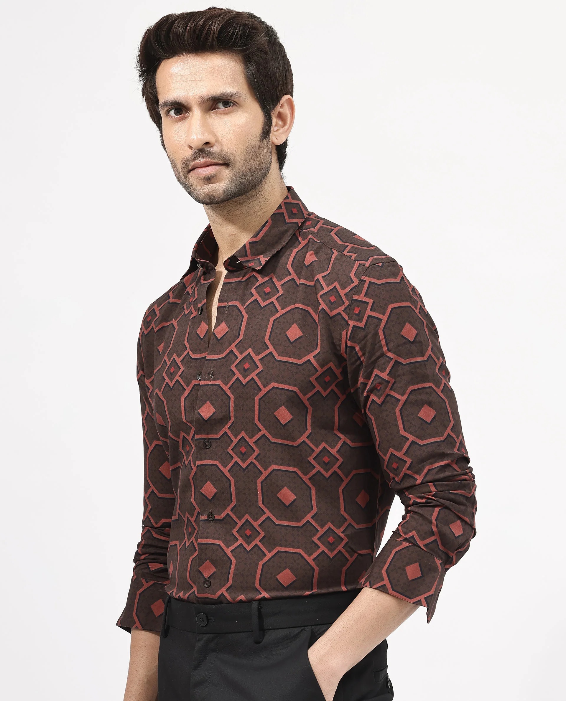 Rare Rabbit Men's Palmer Brown Cotton Geometric Print Regular Fit Full Sleeve Collared Shirt - Image 6