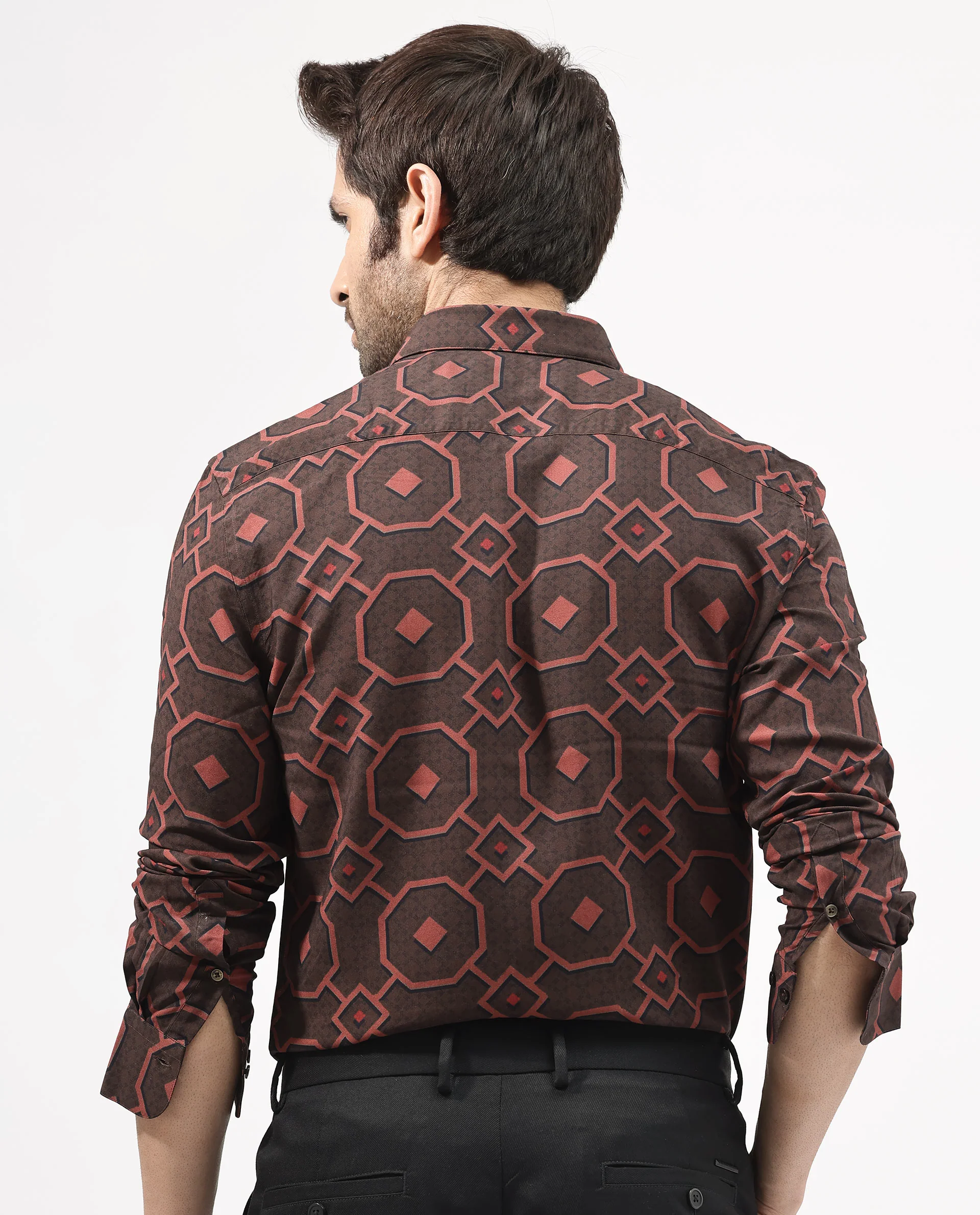Rare Rabbit Men's Palmer Brown Cotton Geometric Print Regular Fit Full Sleeve Collared Shirt - Image 7