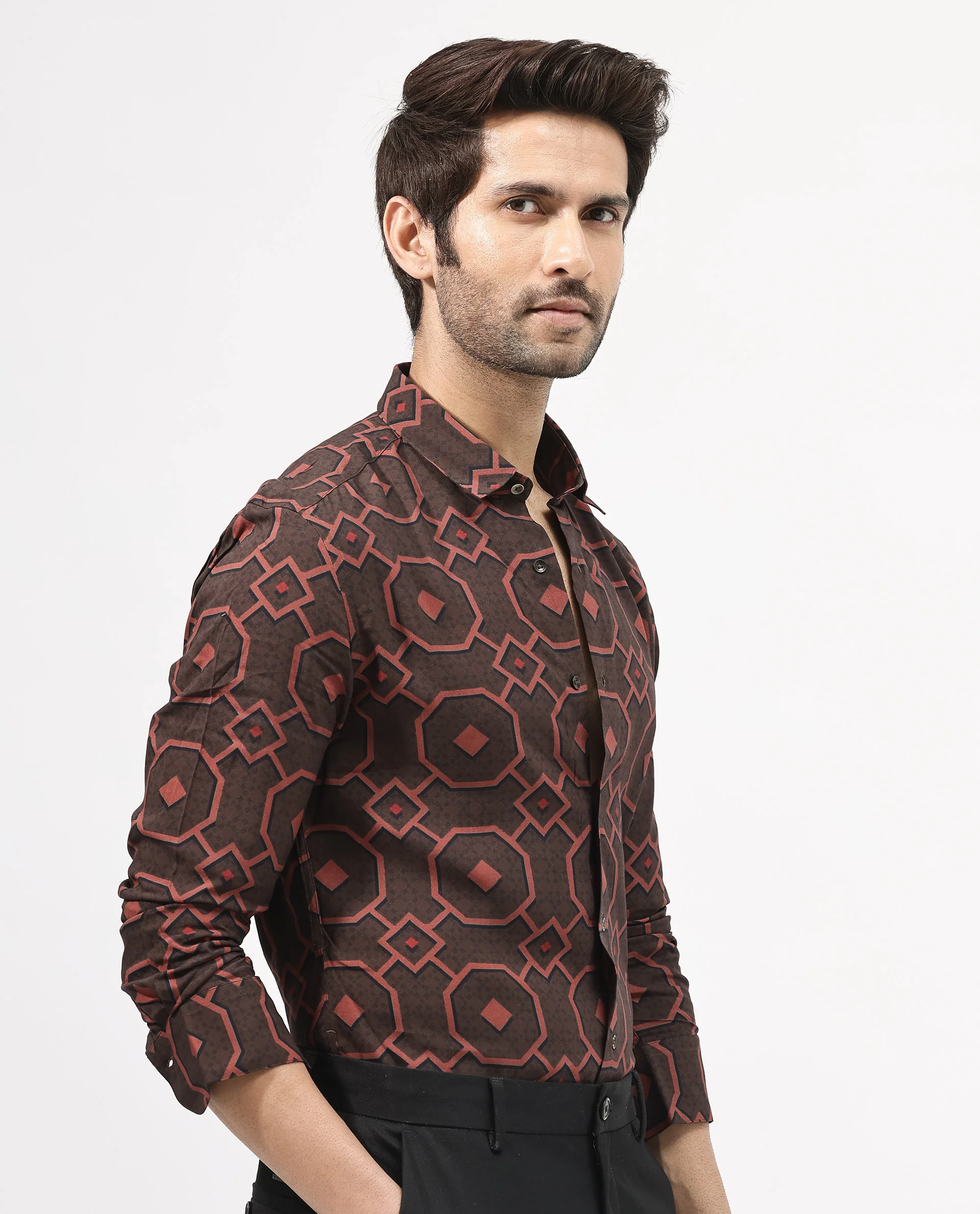 Rare Rabbit Men's Palmer Brown Cotton Geometric Print Regular Fit Full Sleeve Collared Shirt - Image 8