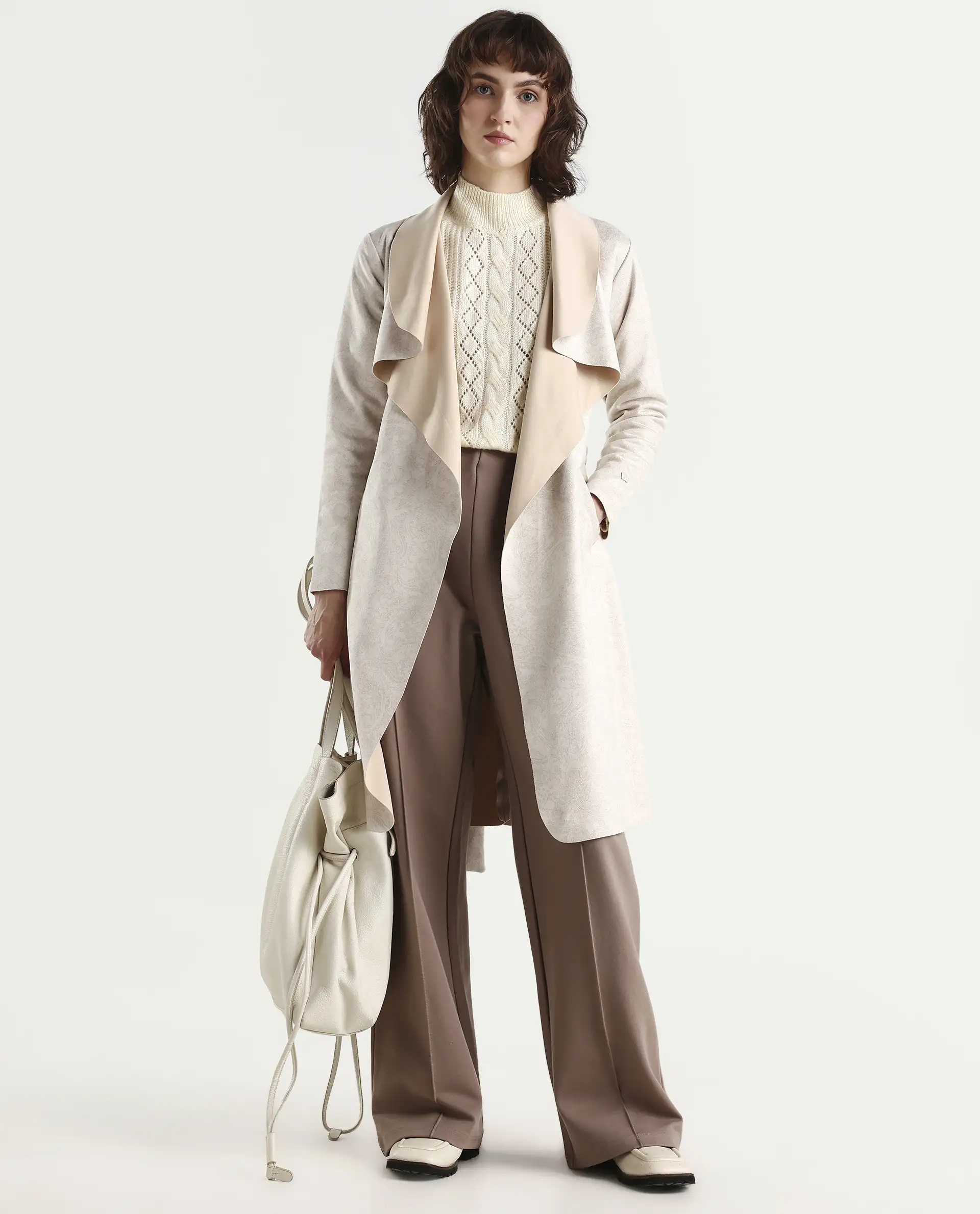 Rareism Women's Palmer Beige Polyester Collarless Plain Knee Length Relaxed Fit Jacket - Image 2