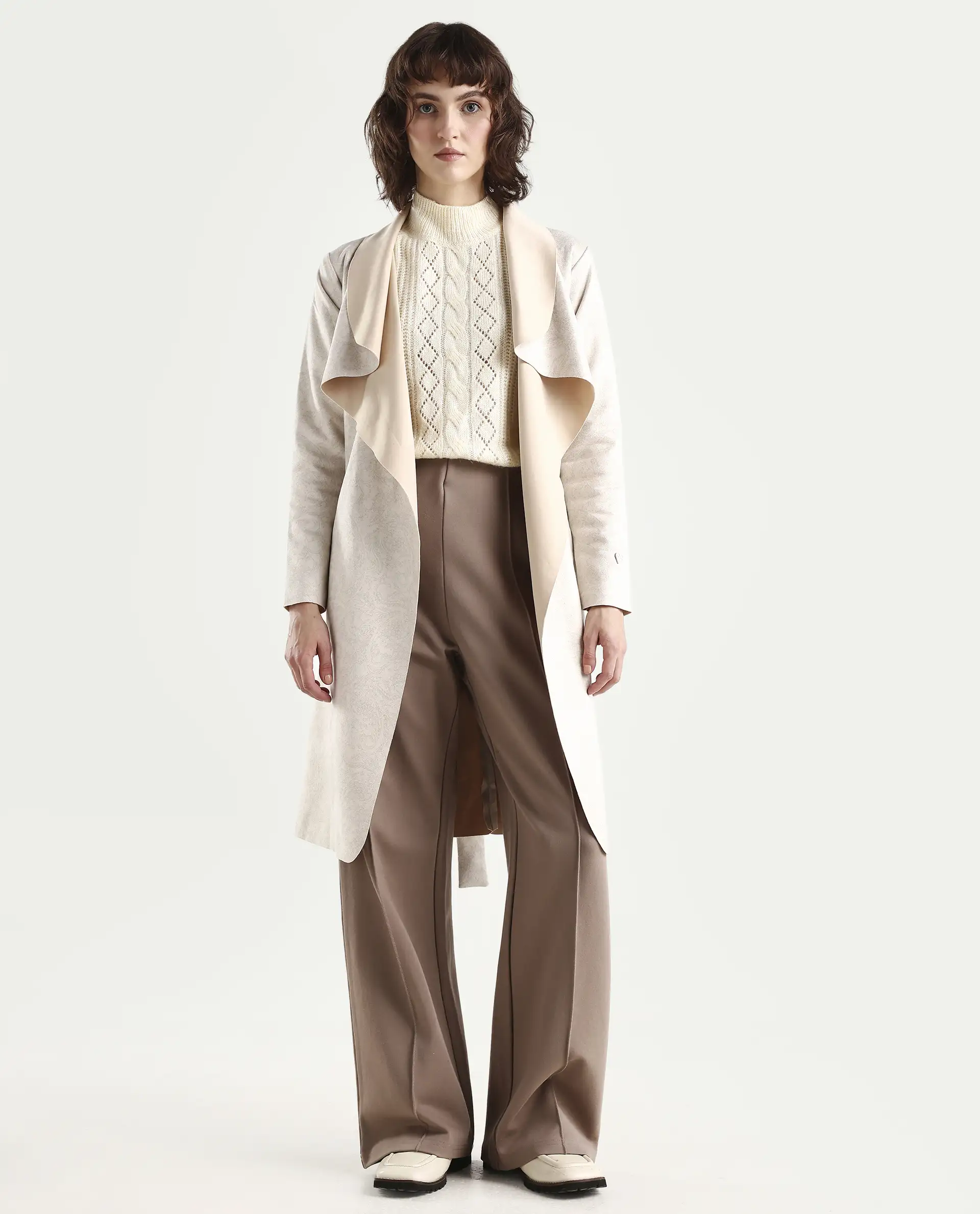 Rareism Women's Palmer Beige Polyester Collarless Plain Knee Length Relaxed Fit Jacket - Image 3