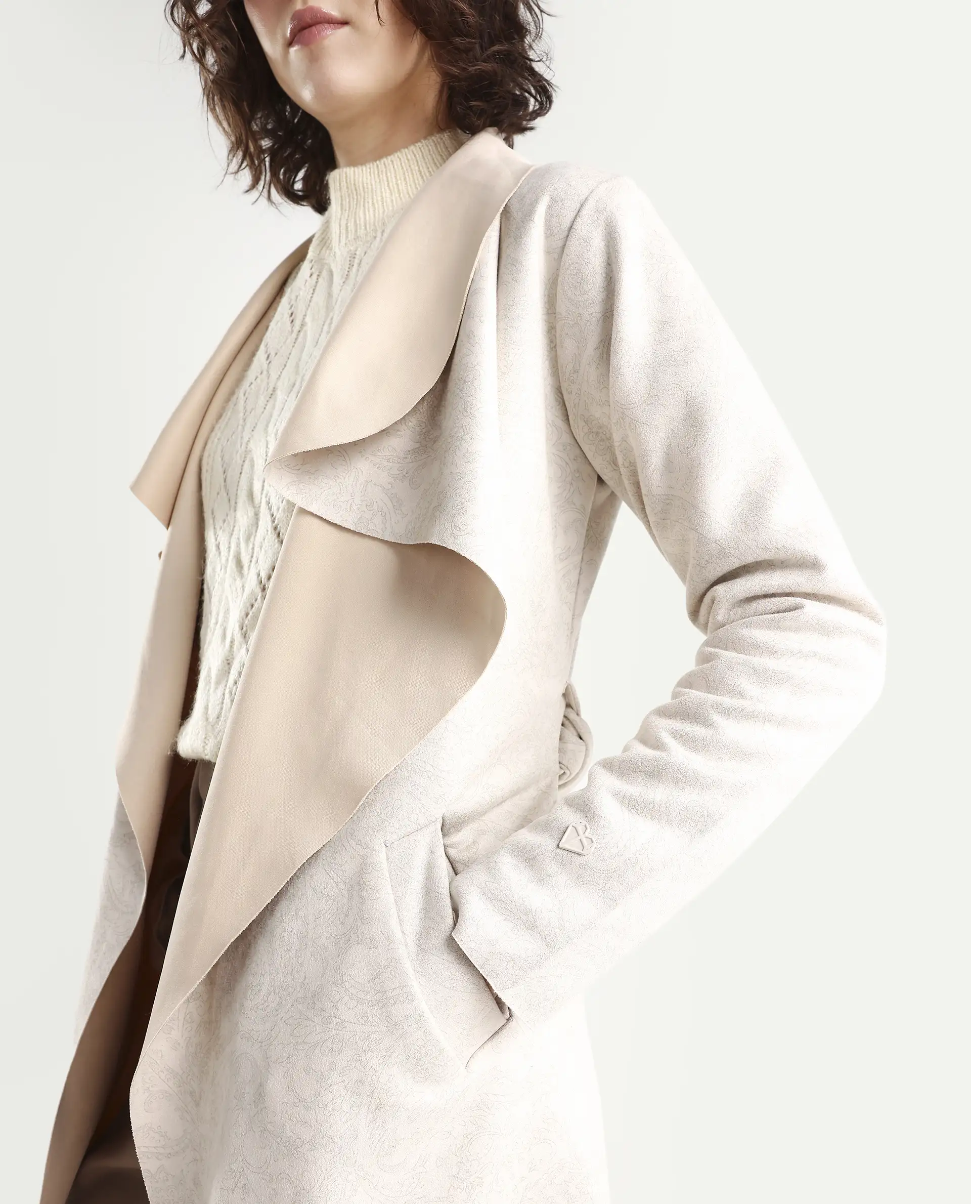 Rareism Women's Palmer Beige Polyester Collarless Plain Knee Length Relaxed Fit Jacket - Image 4