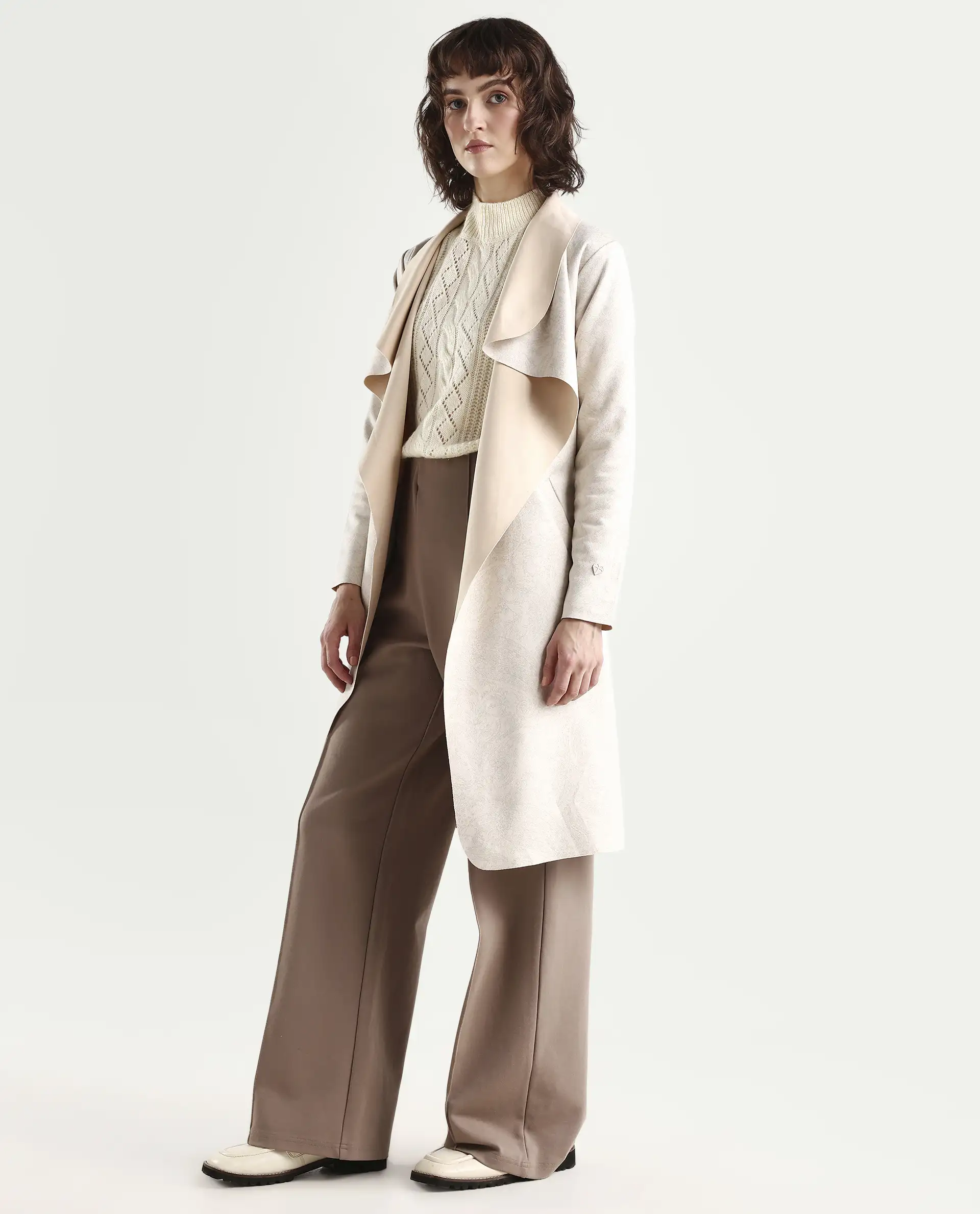 Rareism Women's Palmer Beige Polyester Collarless Plain Knee Length Relaxed Fit Jacket - Image 5
