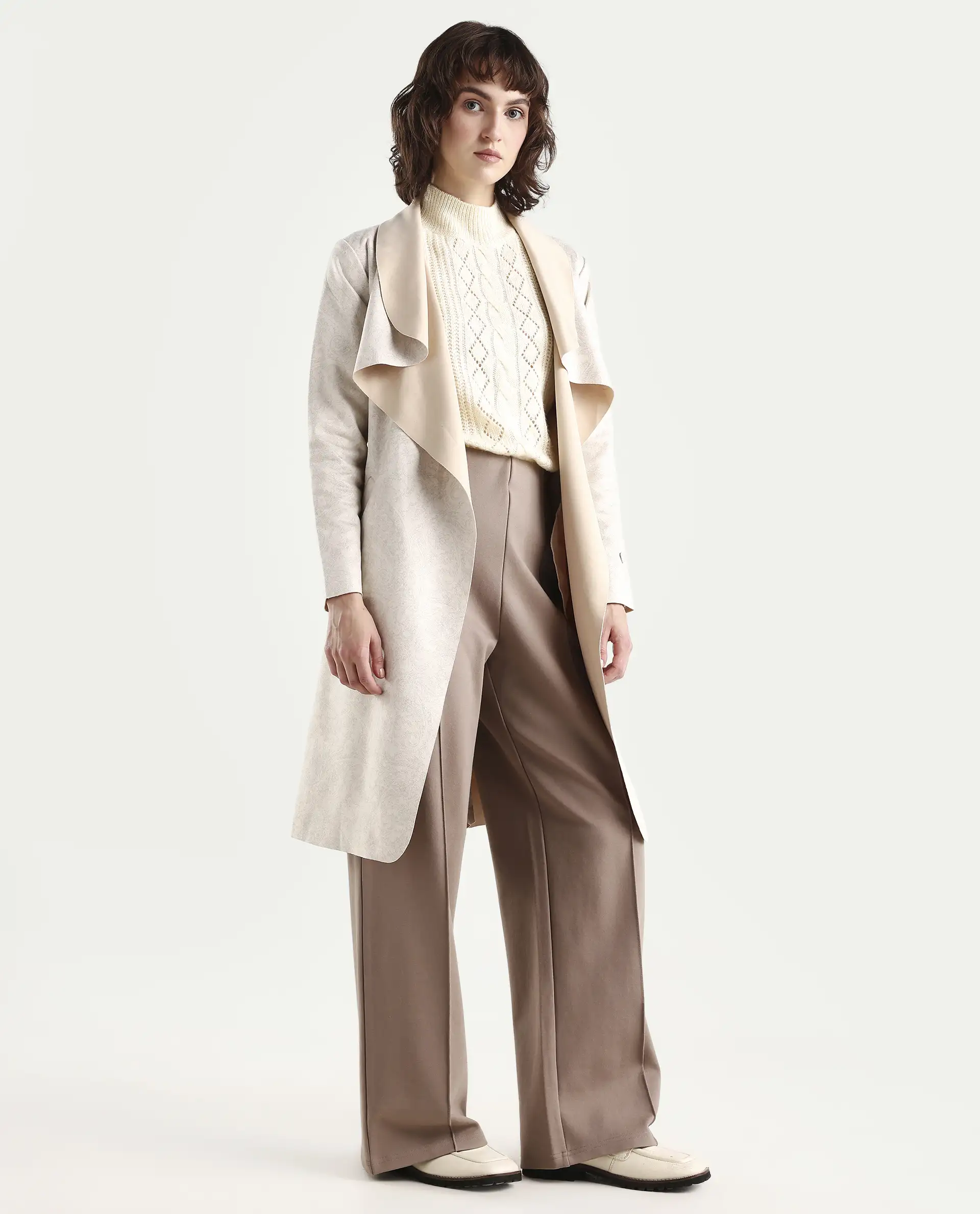 Rareism Women's Palmer Beige Polyester Collarless Plain Knee Length Relaxed Fit Jacket - Image 6