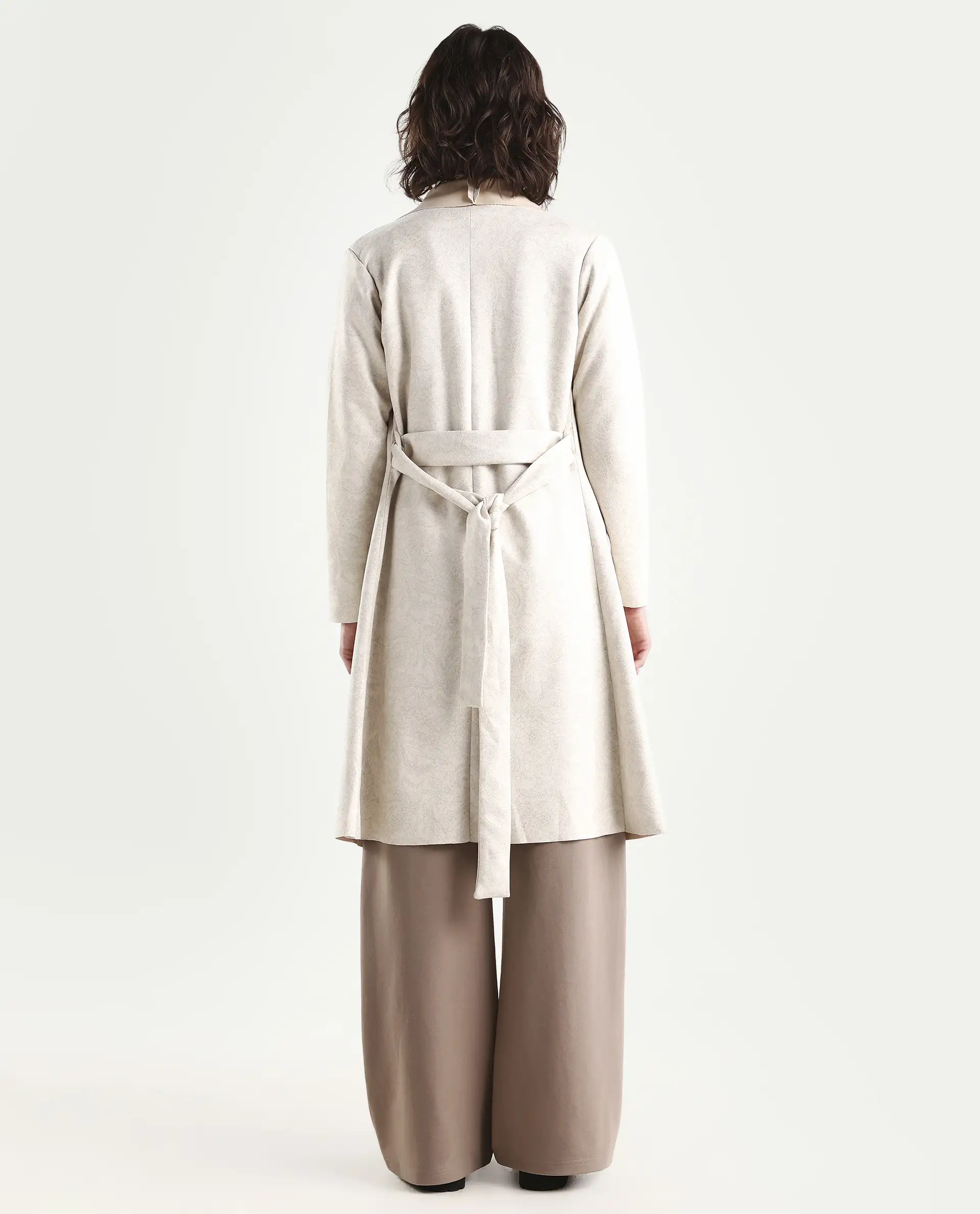 Rareism Women's Palmer Beige Polyester Collarless Plain Knee Length Relaxed Fit Jacket - Image 7