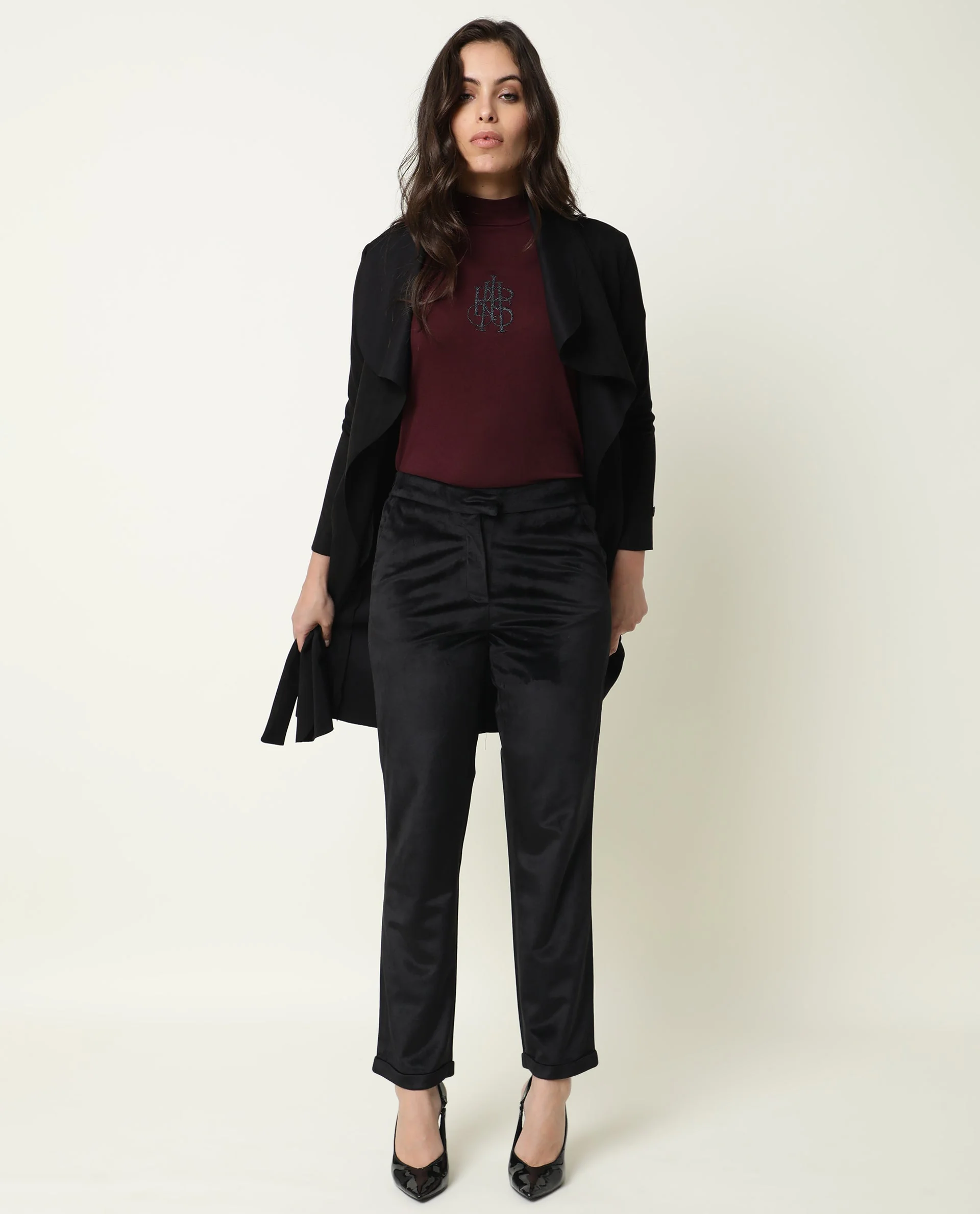 Rareism Women's Palmer Black Polyester Collarless Plain Knee Length Relaxed Fit Jacket - Image 2