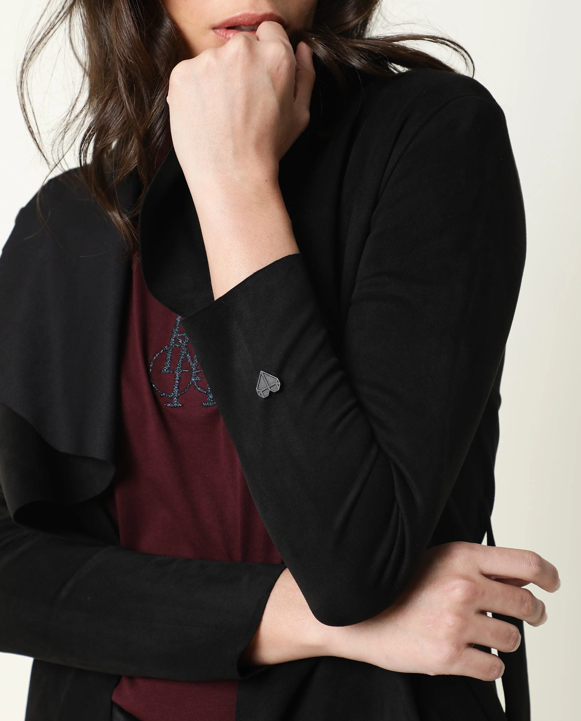 Rareism Women's Palmer Black Polyester Collarless Plain Knee Length Relaxed Fit Jacket - Image 3