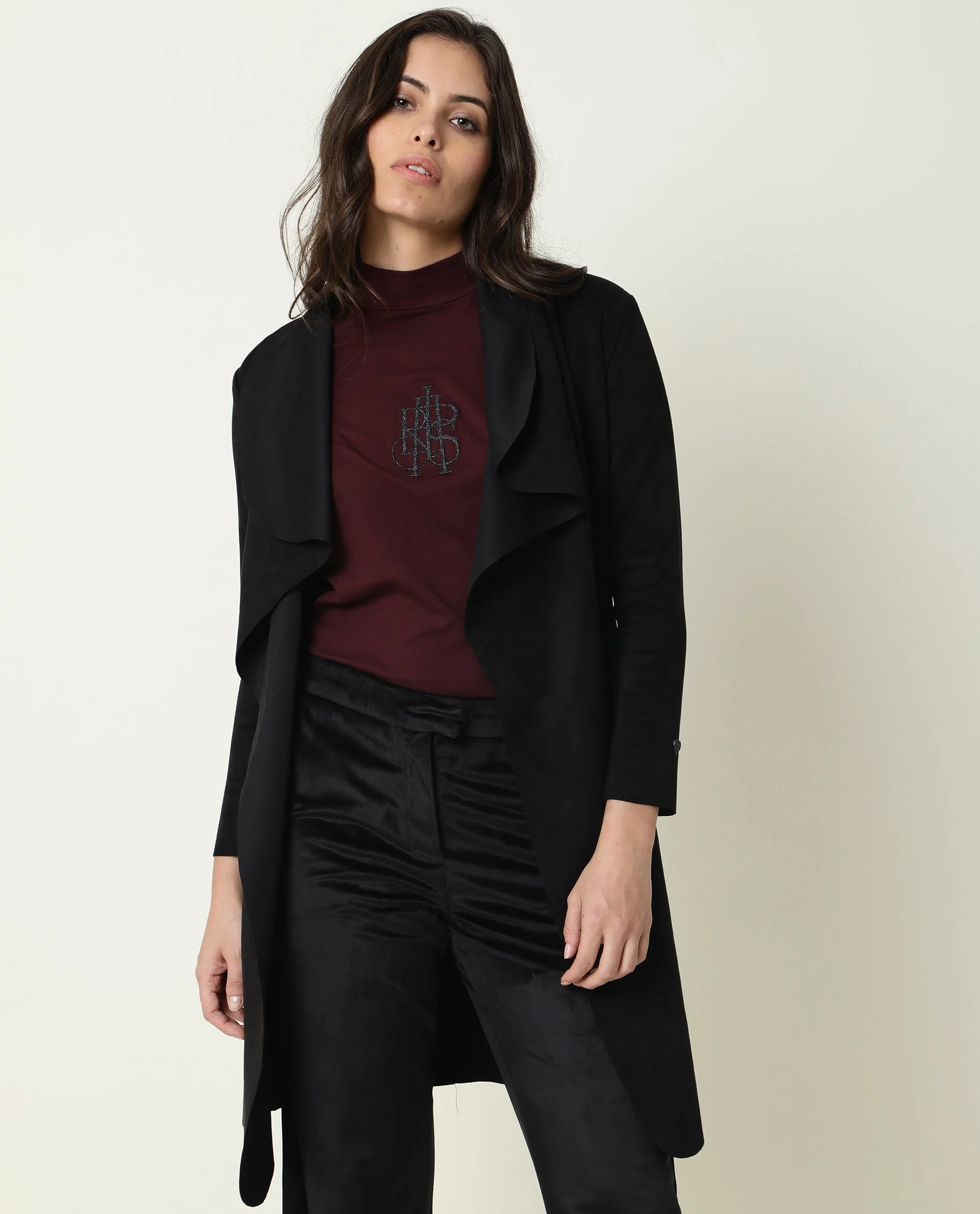 Rareism Women's Palmer Black Polyester Collarless Plain Knee Length Relaxed Fit Jacket - Image 4