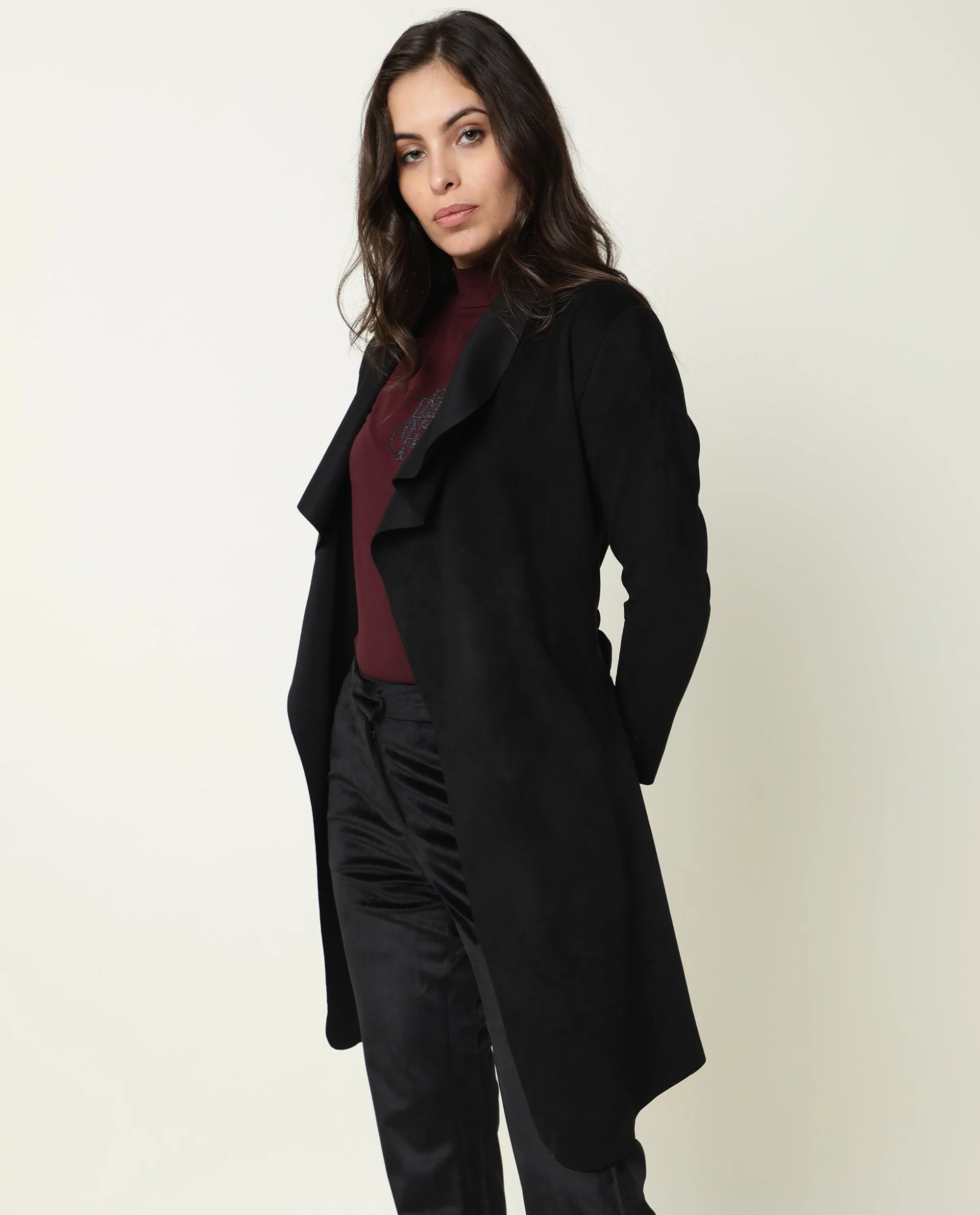 Rareism Women's Palmer Black Polyester Collarless Plain Knee Length Relaxed Fit Jacket - Image 5