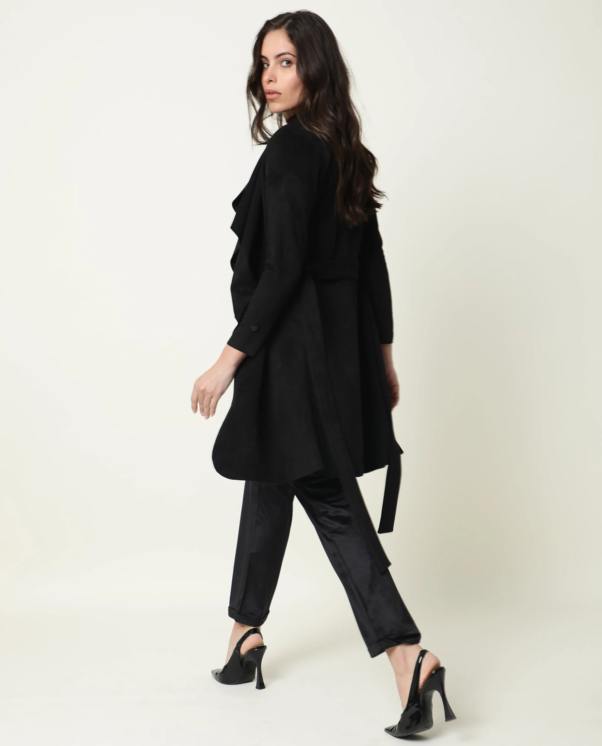 Rareism Women's Palmer Black Polyester Collarless Plain Knee Length Relaxed Fit Jacket - Image 6