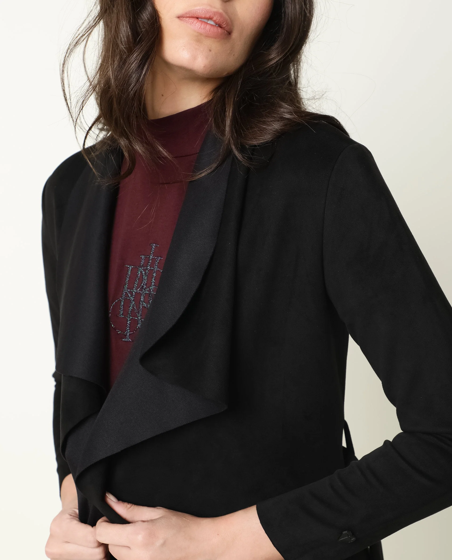 Rareism Women's Palmer Black Polyester Collarless Plain Knee Length Relaxed Fit Jacket - Image 8