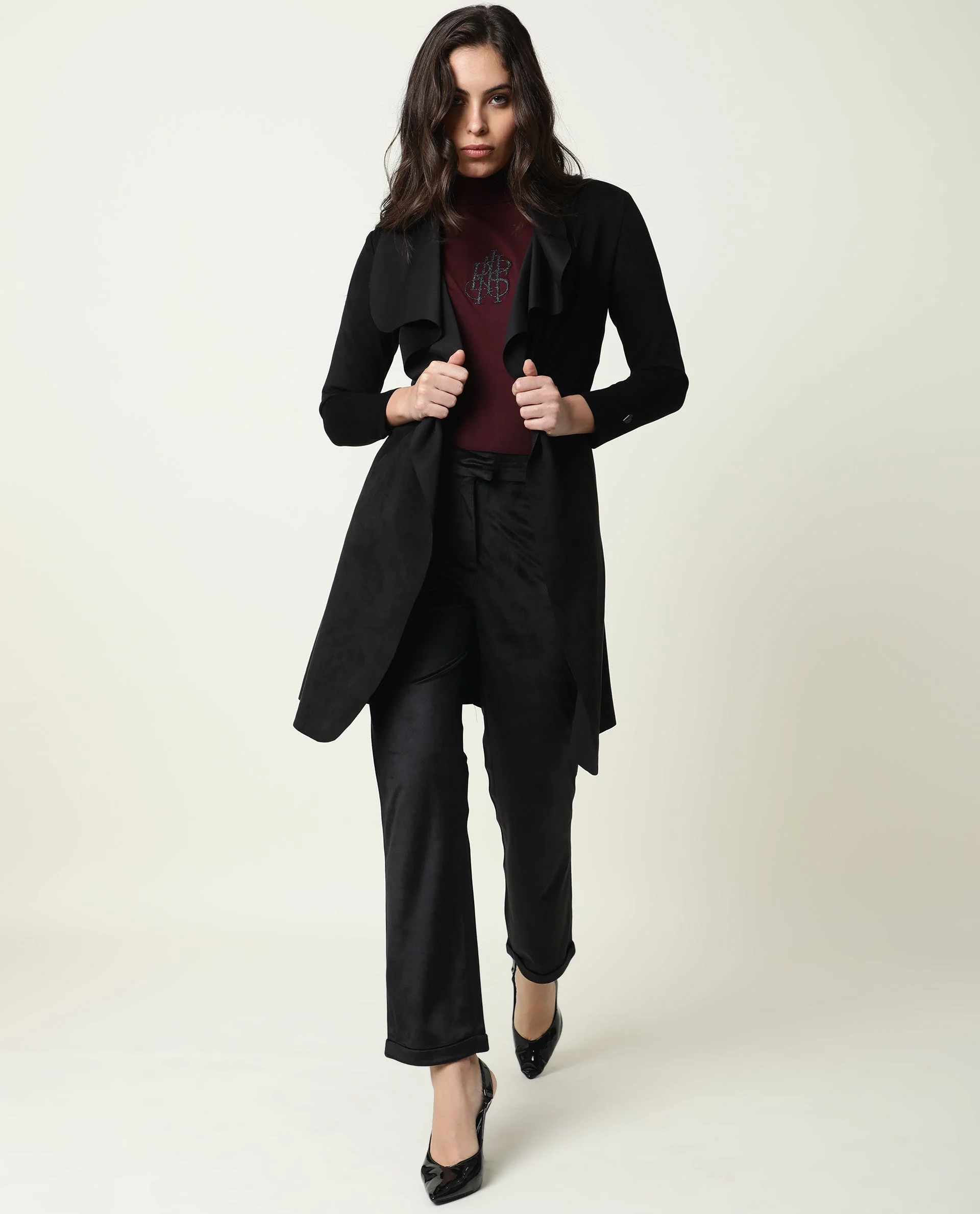 Rareism Women's Palmer Black Polyester Collarless Plain Knee Length Relaxed Fit Jacket - Image 9