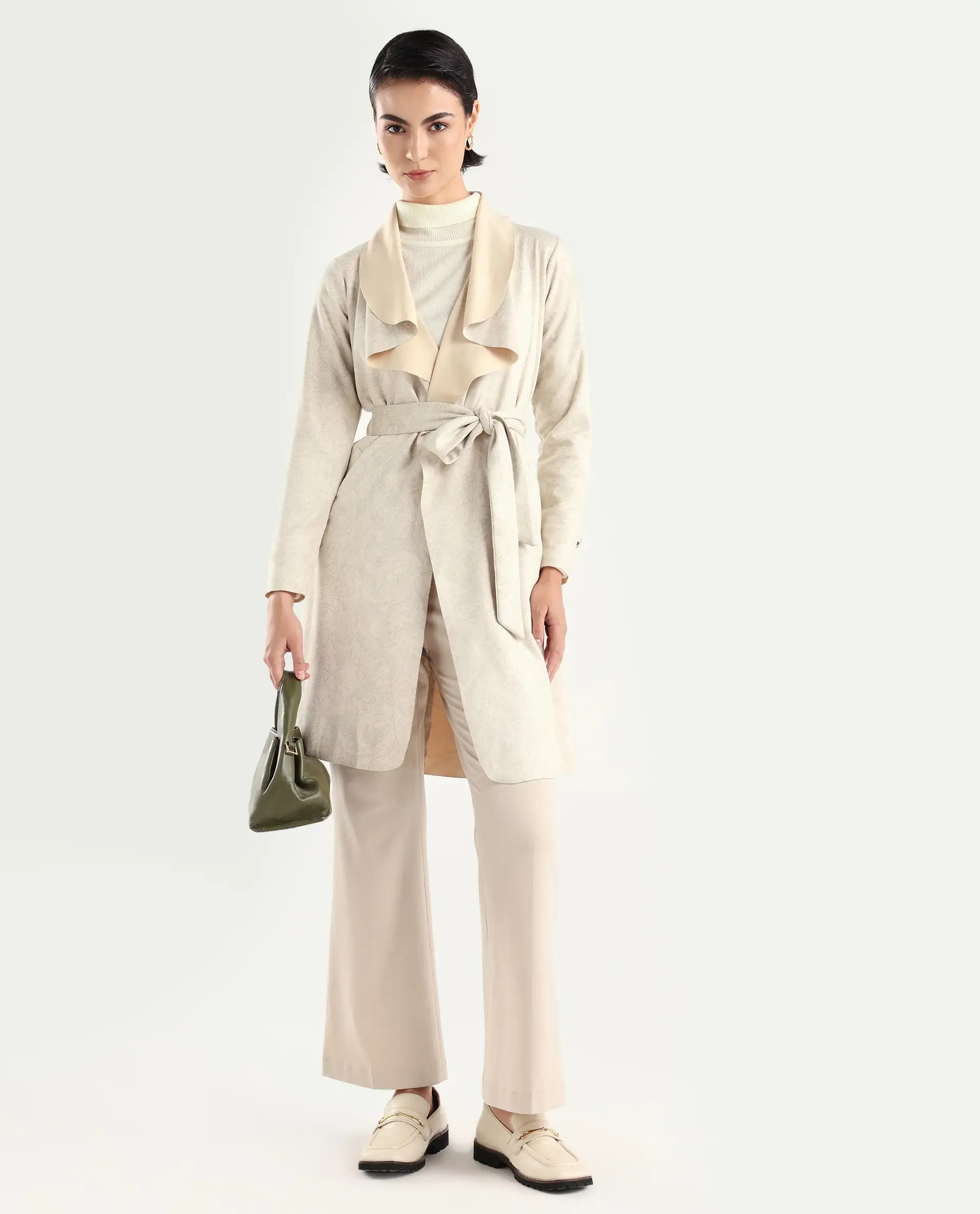 Rareism Women's Palmer 1 Beige Polyester Cutaway Collar Plain Knee Length Relaxed Fit Jacket - Image 2