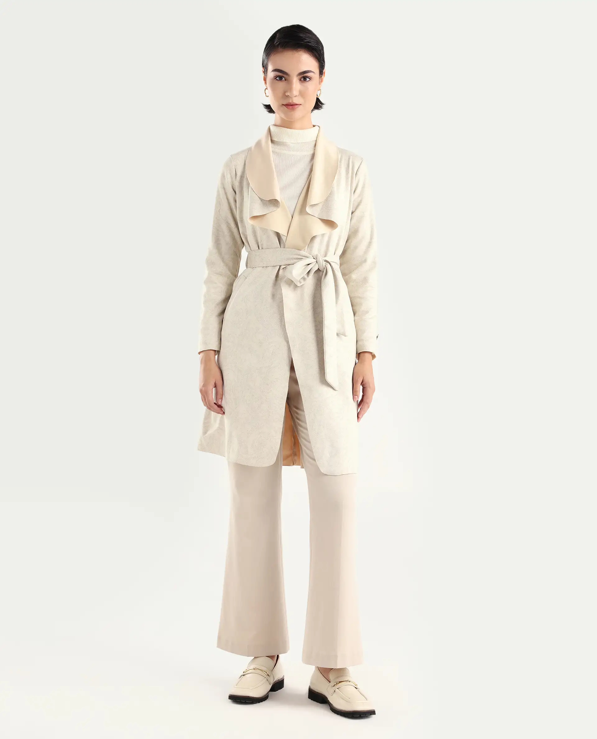 Rareism Women's Palmer 1 Beige Polyester Cutaway Collar Plain Knee Length Relaxed Fit Jacket - Image 3