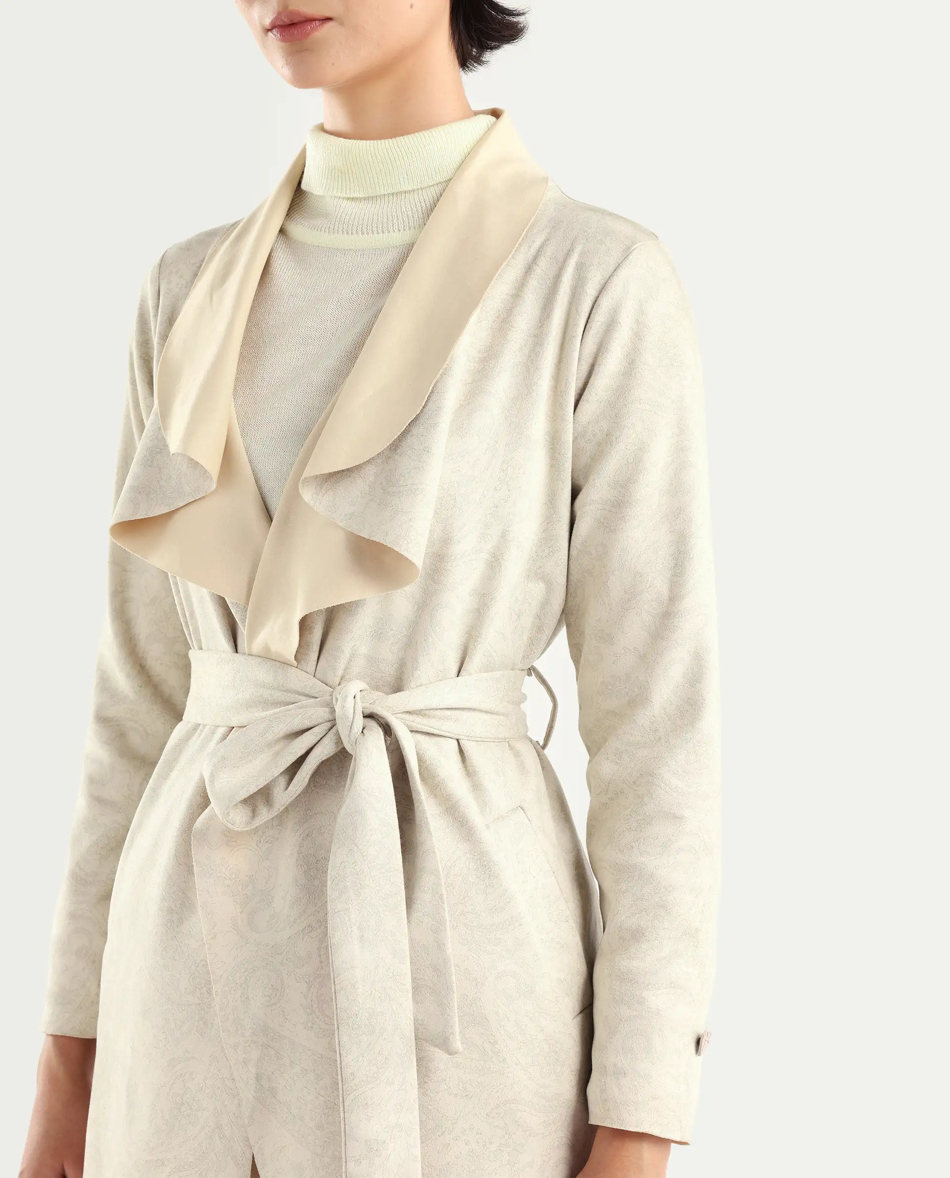 Rareism Women's Palmer 1 Beige Polyester Cutaway Collar Plain Knee Length Relaxed Fit Jacket - Image 4