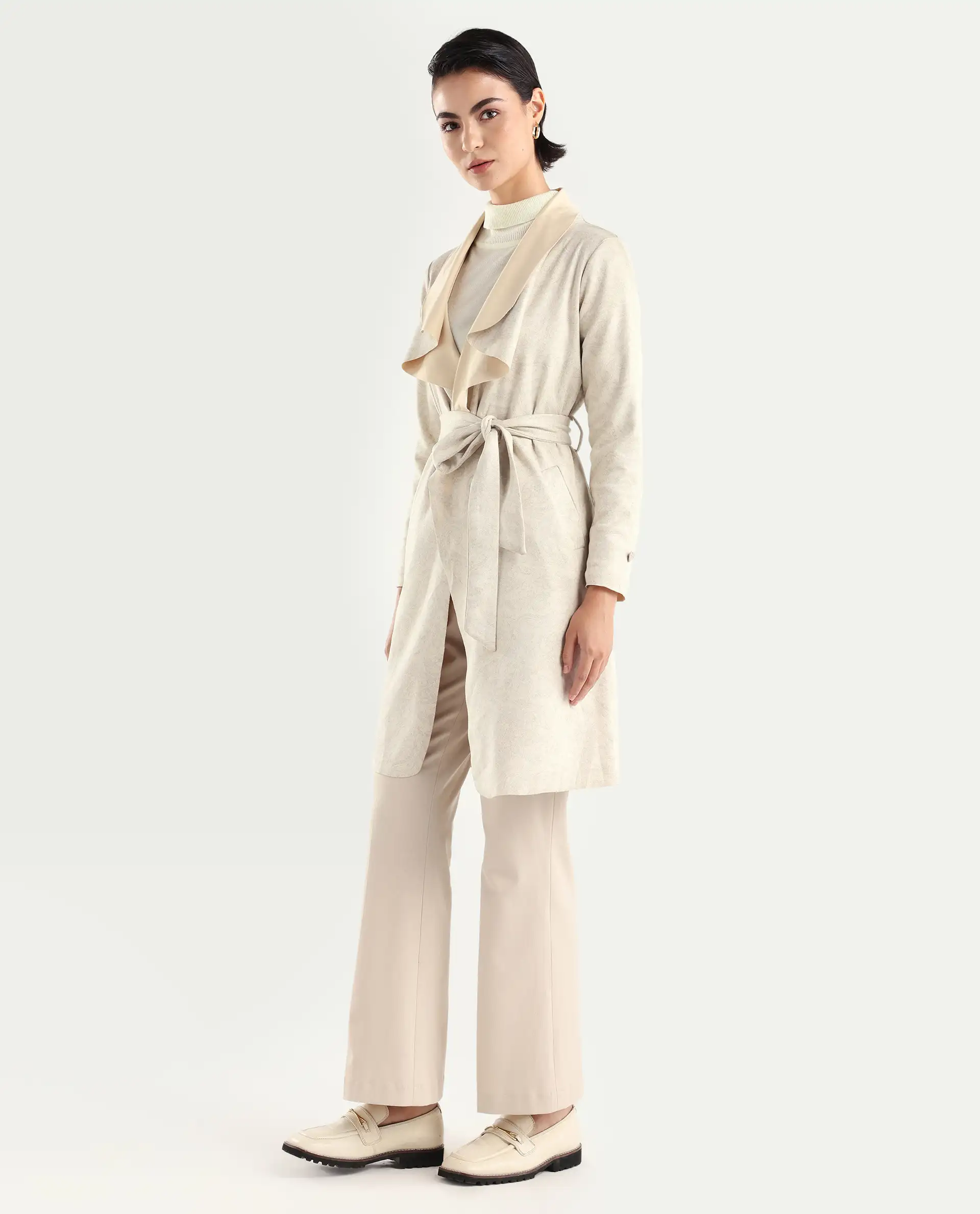 Rareism Women's Palmer 1 Beige Polyester Cutaway Collar Plain Knee Length Relaxed Fit Jacket - Image 5