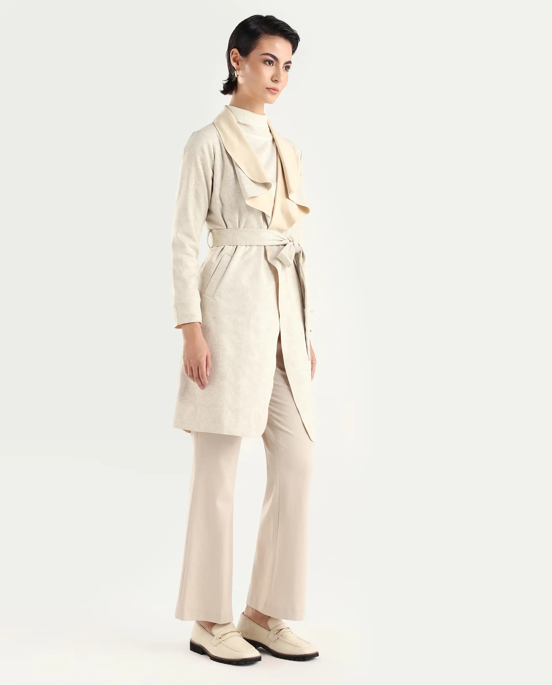 Rareism Women's Palmer 1 Beige Polyester Cutaway Collar Plain Knee Length Relaxed Fit Jacket - Image 6