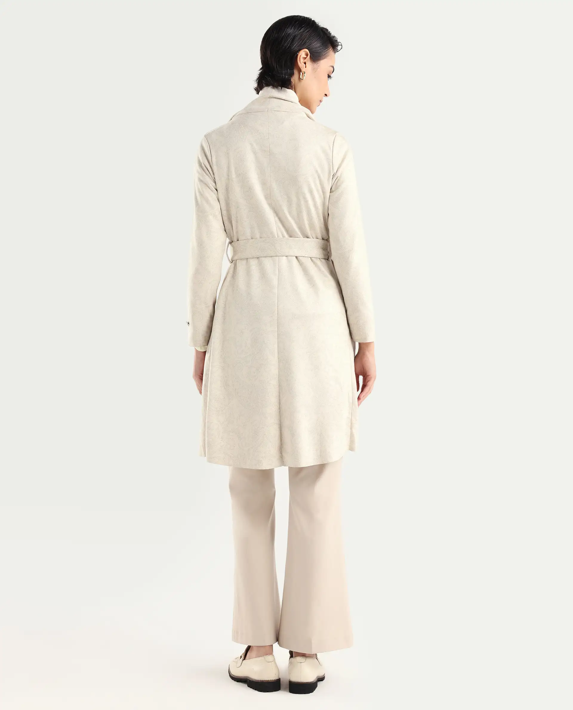 Rareism Women's Palmer 1 Beige Polyester Cutaway Collar Plain Knee Length Relaxed Fit Jacket - Image 7