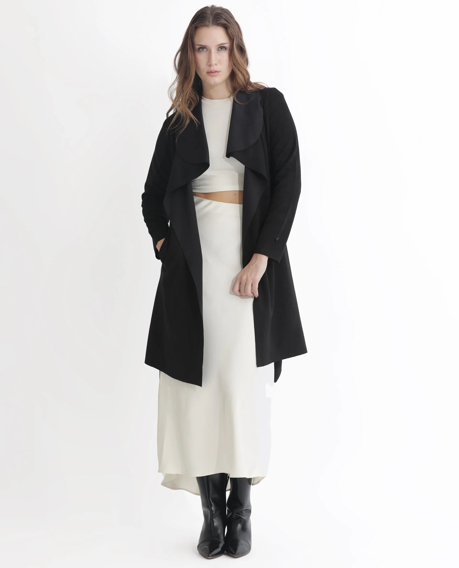 Rareism Women's Palmer 1 Black Polyester Cutaway Collar Plain Knee Length Relaxed Fit Jacket