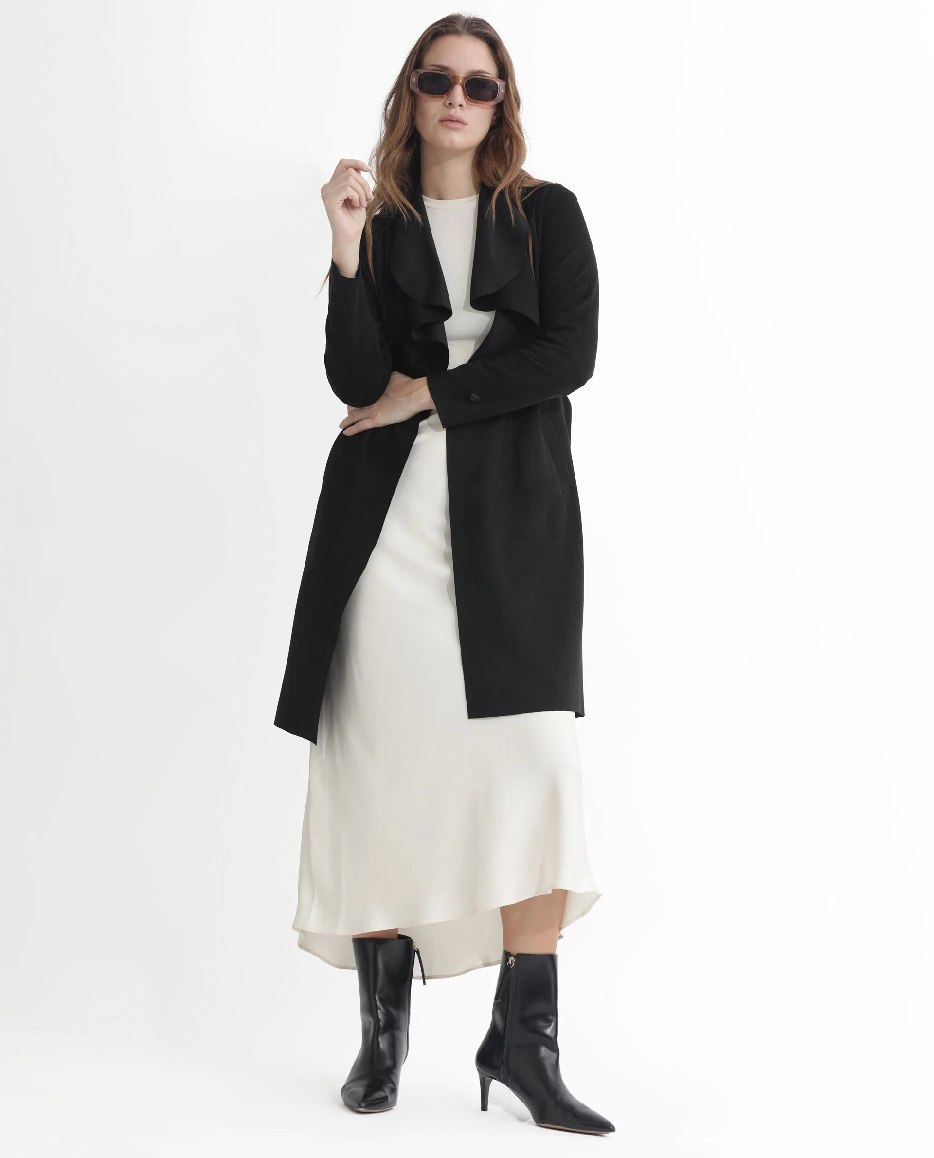 Rareism Women's Palmer 1 Black Polyester Cutaway Collar Plain Knee Length Relaxed Fit Jacket - Image 2