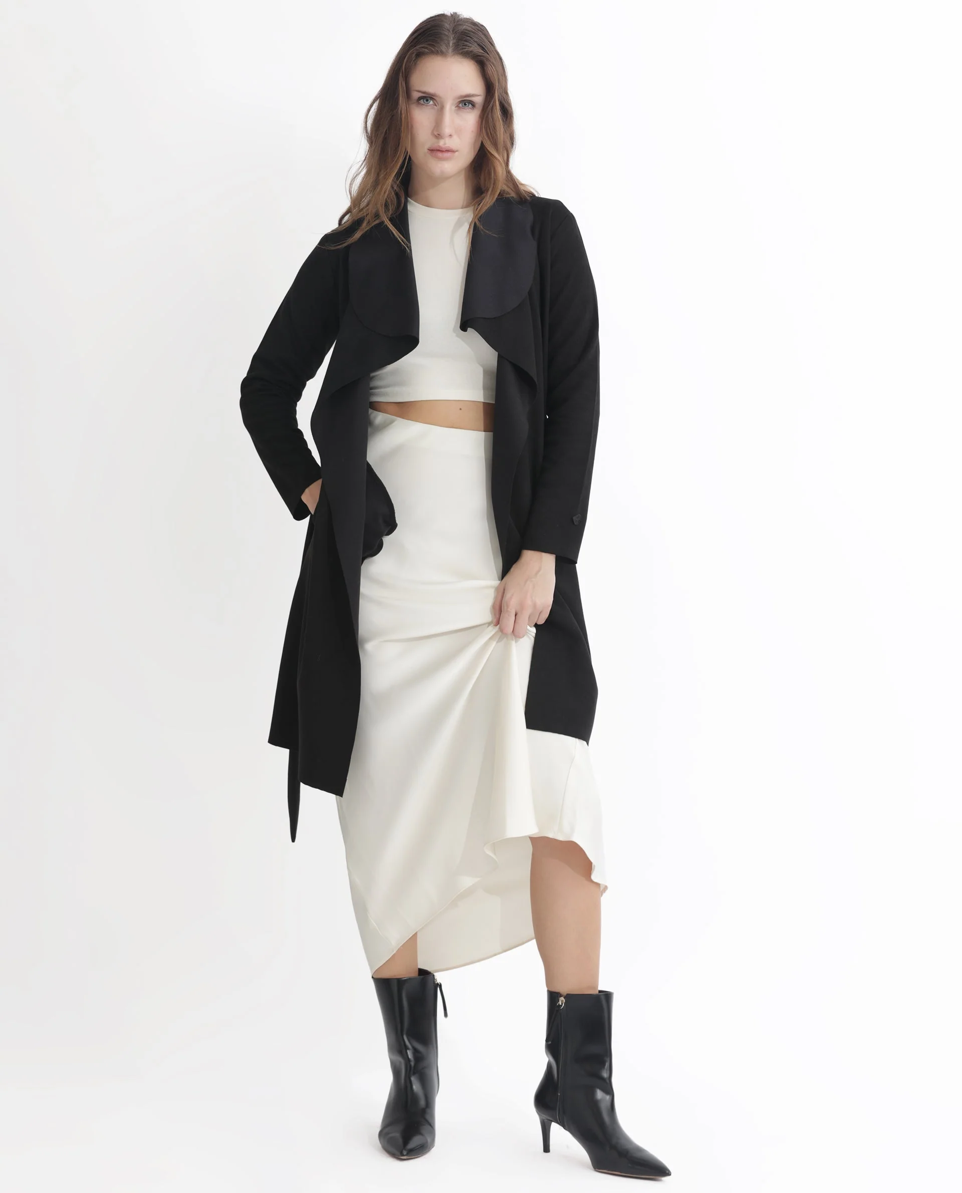 Rareism Women's Palmer 1 Black Polyester Cutaway Collar Plain Knee Length Relaxed Fit Jacket - Image 4