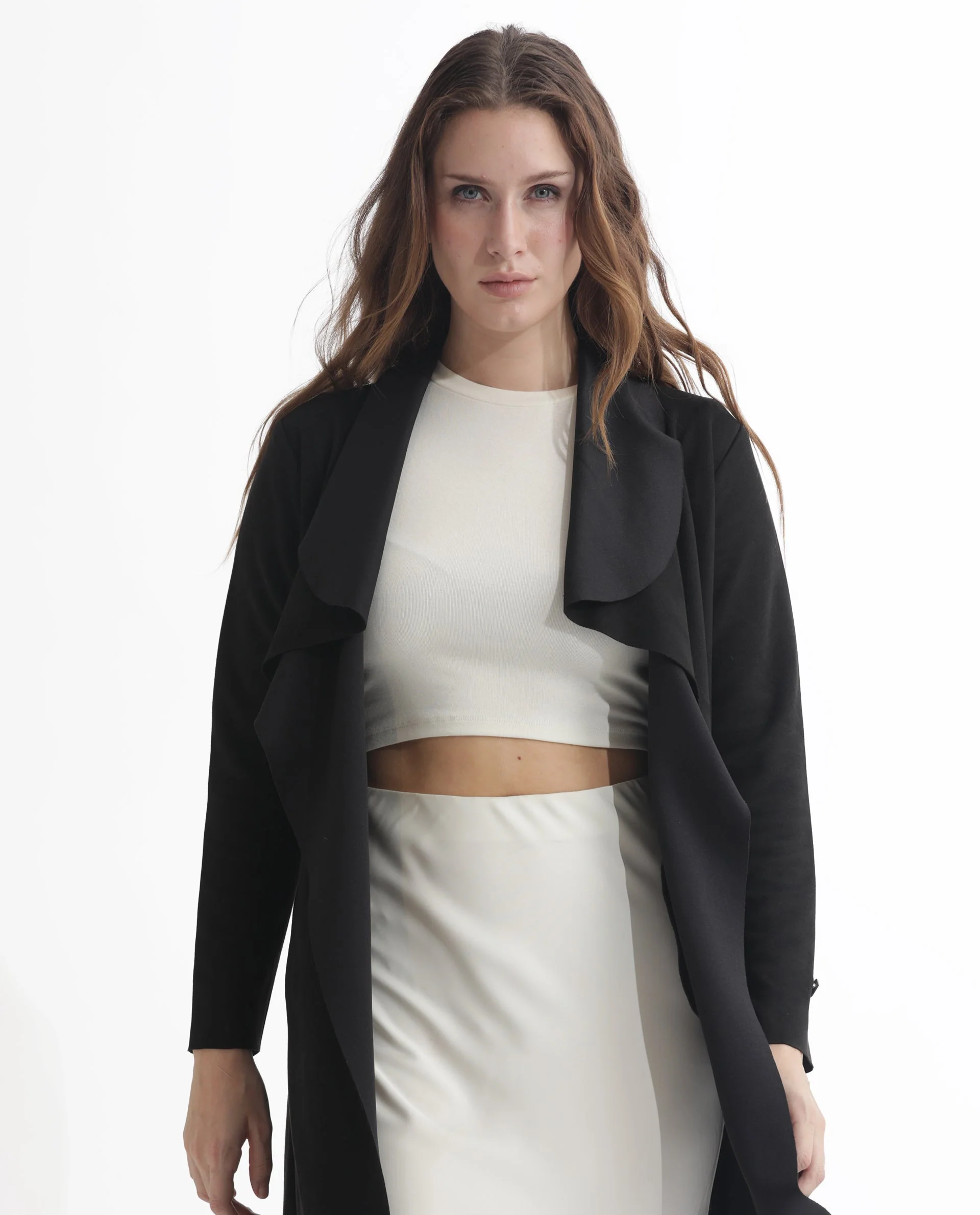 Rareism Women's Palmer 1 Black Polyester Cutaway Collar Plain Knee Length Relaxed Fit Jacket - Image 6