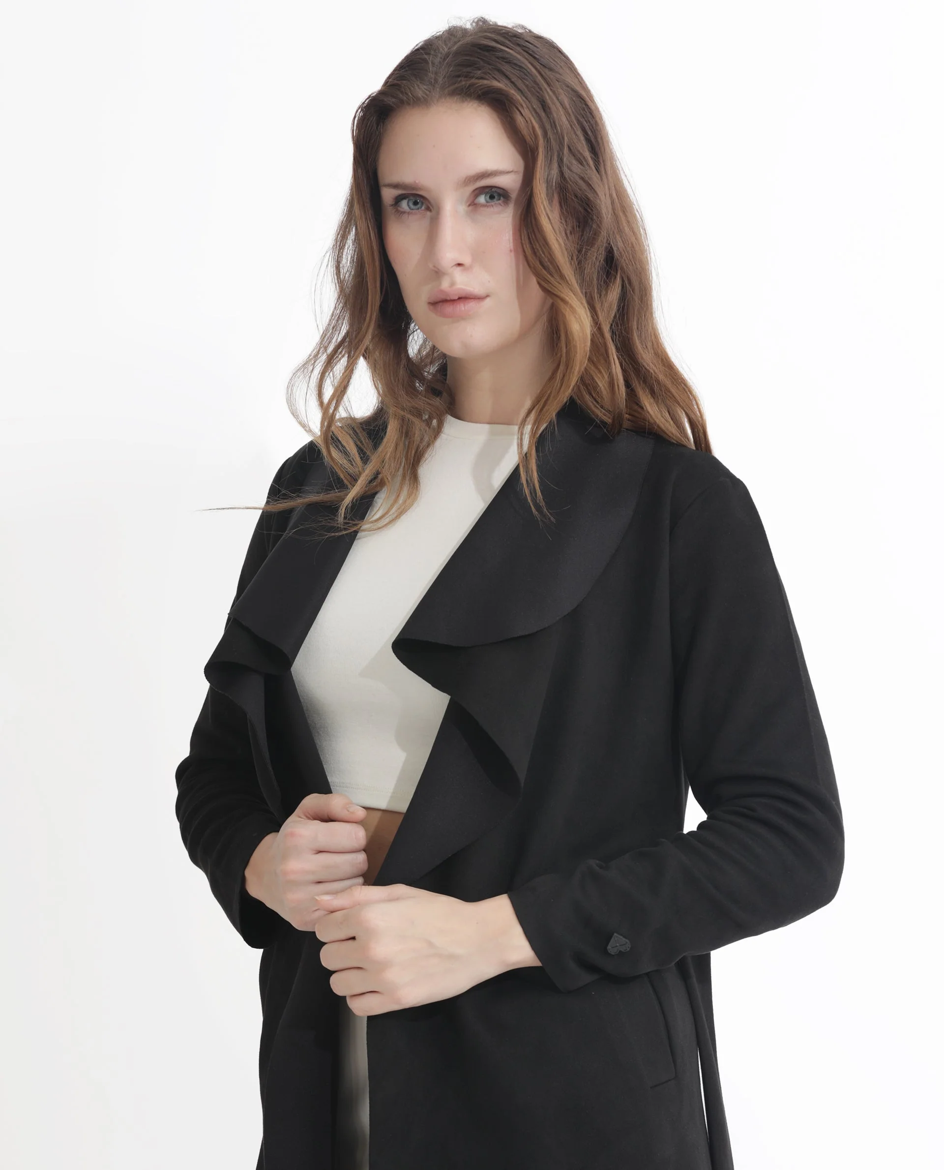 Rareism Women's Palmer 1 Black Polyester Cutaway Collar Plain Knee Length Relaxed Fit Jacket - Image 7