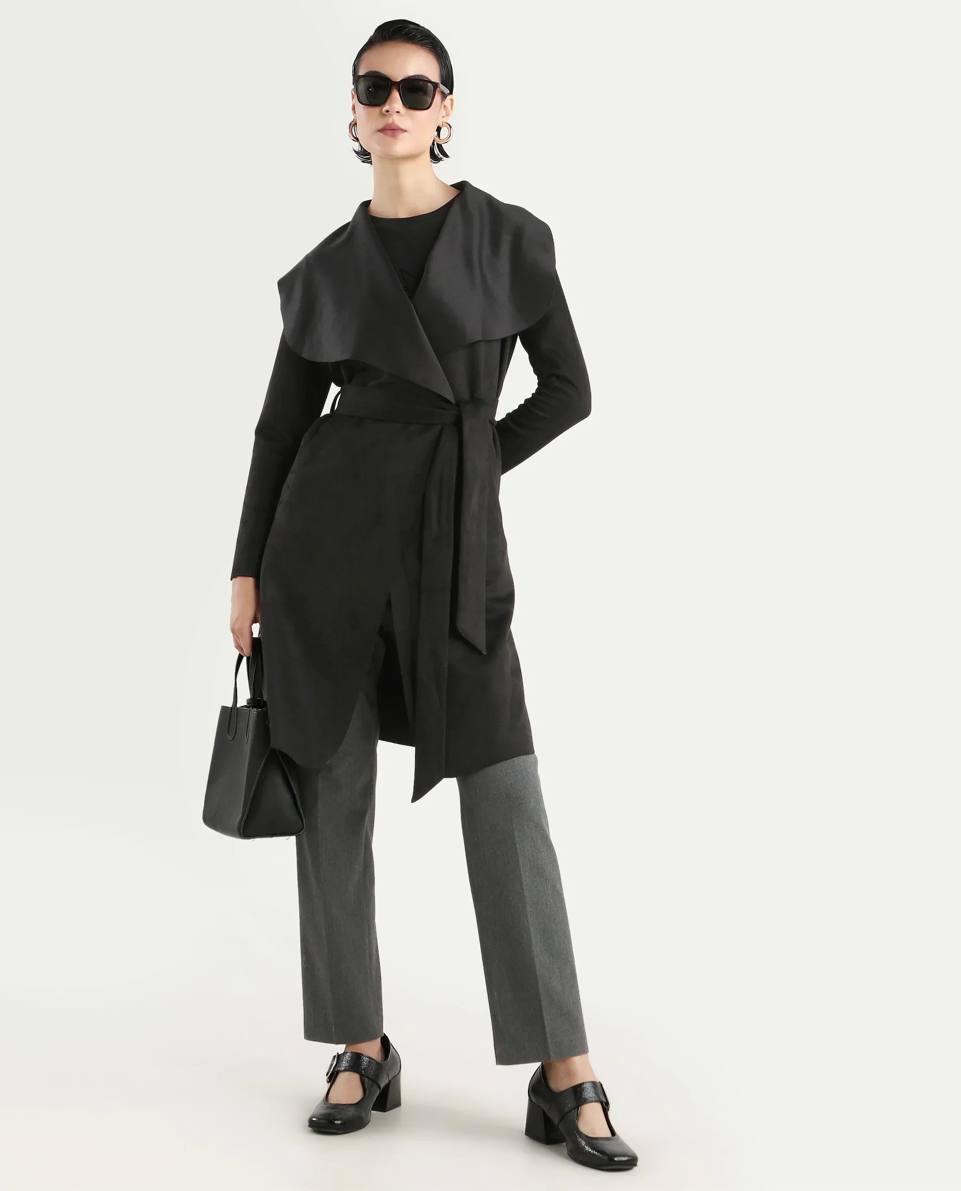 Rareism Women's Palmer 2 Black Suede Waterfall Neck Plain Midi Boxy Fit Jacket - Image 2