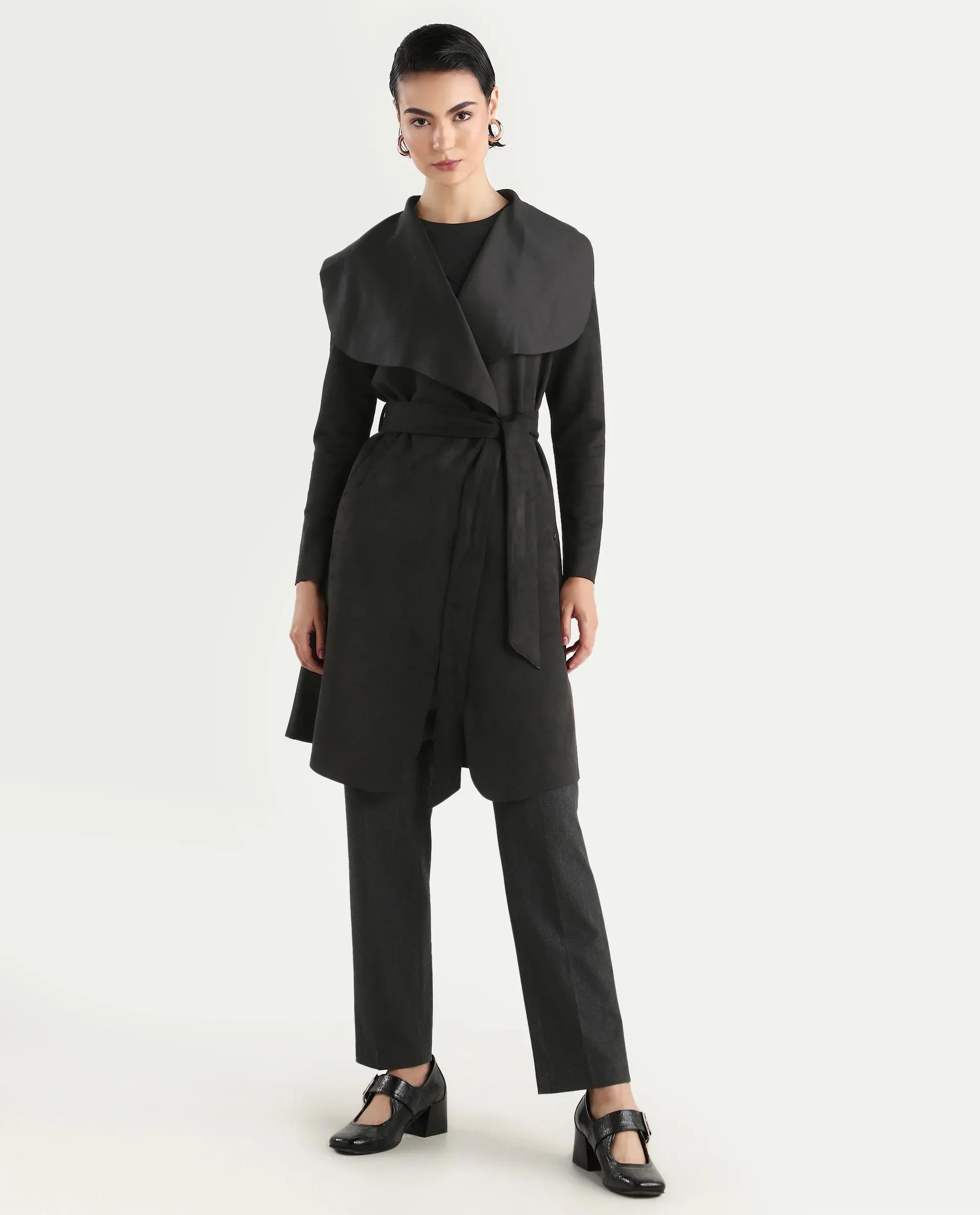 Rareism Women's Palmer 2 Black Suede Waterfall Neck Plain Midi Boxy Fit Jacket - Image 3