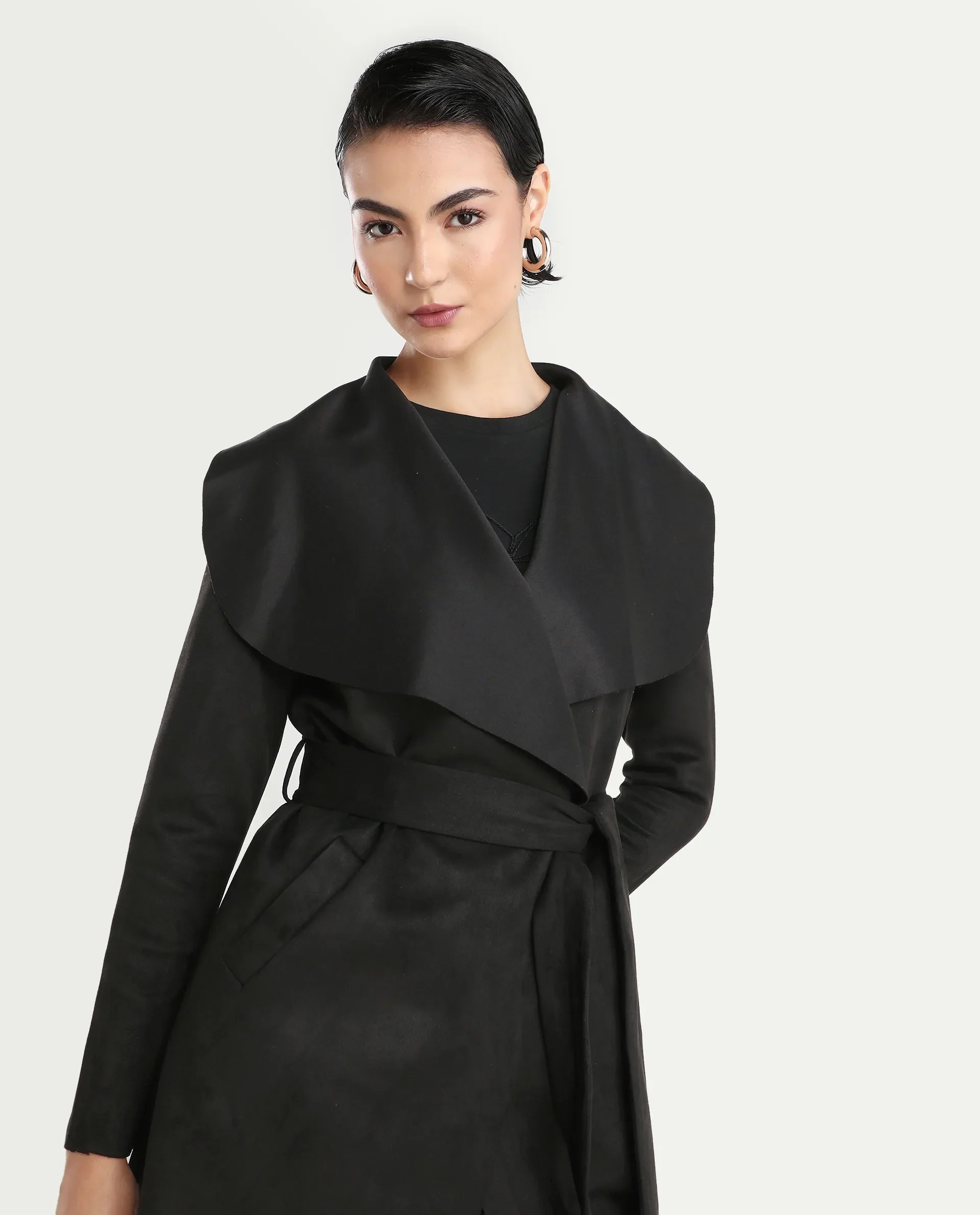 Rareism Women's Palmer 2 Black Suede Waterfall Neck Plain Midi Boxy Fit Jacket - Image 4