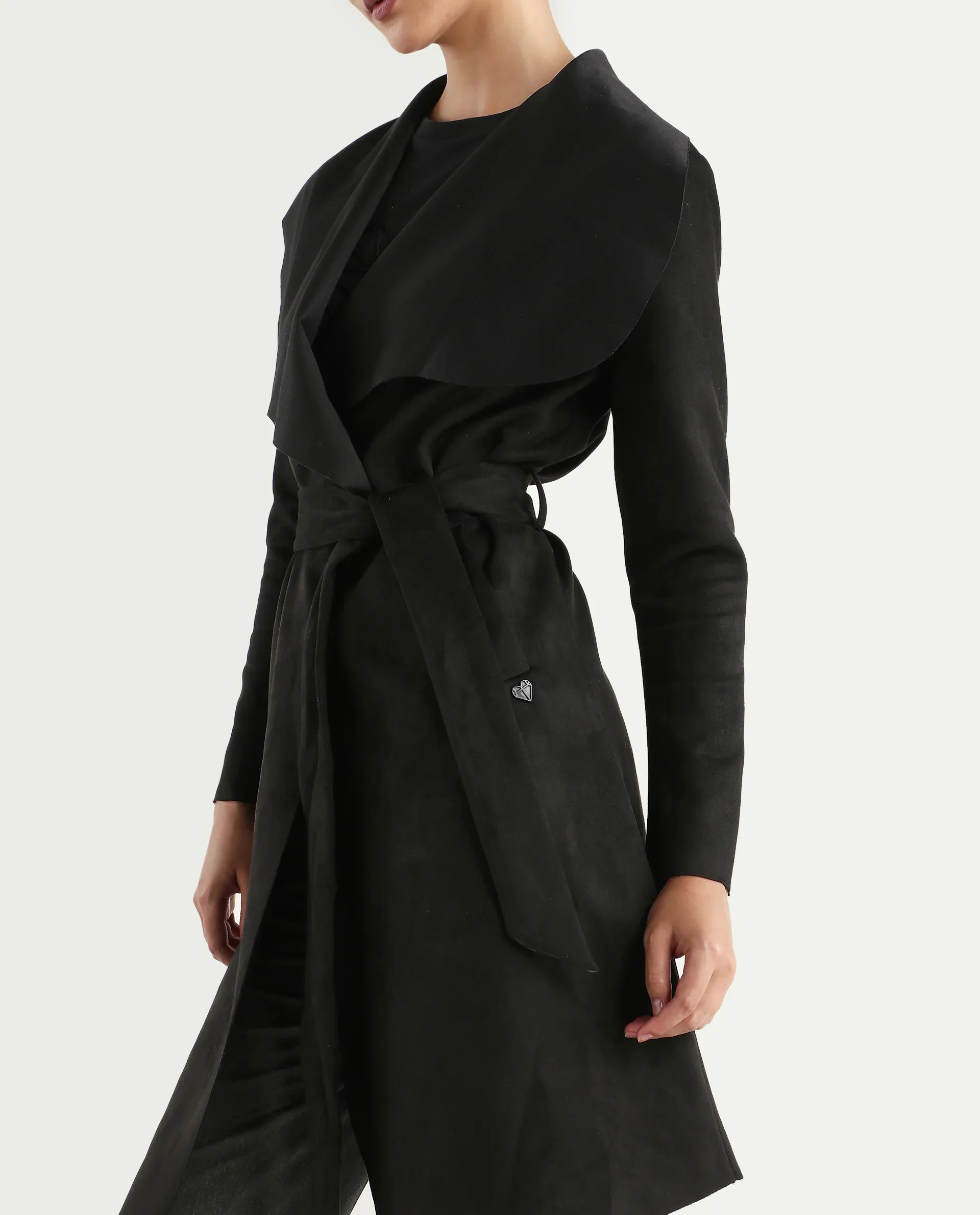 Rareism Women's Palmer 2 Black Suede Waterfall Neck Plain Midi Boxy Fit Jacket - Image 5