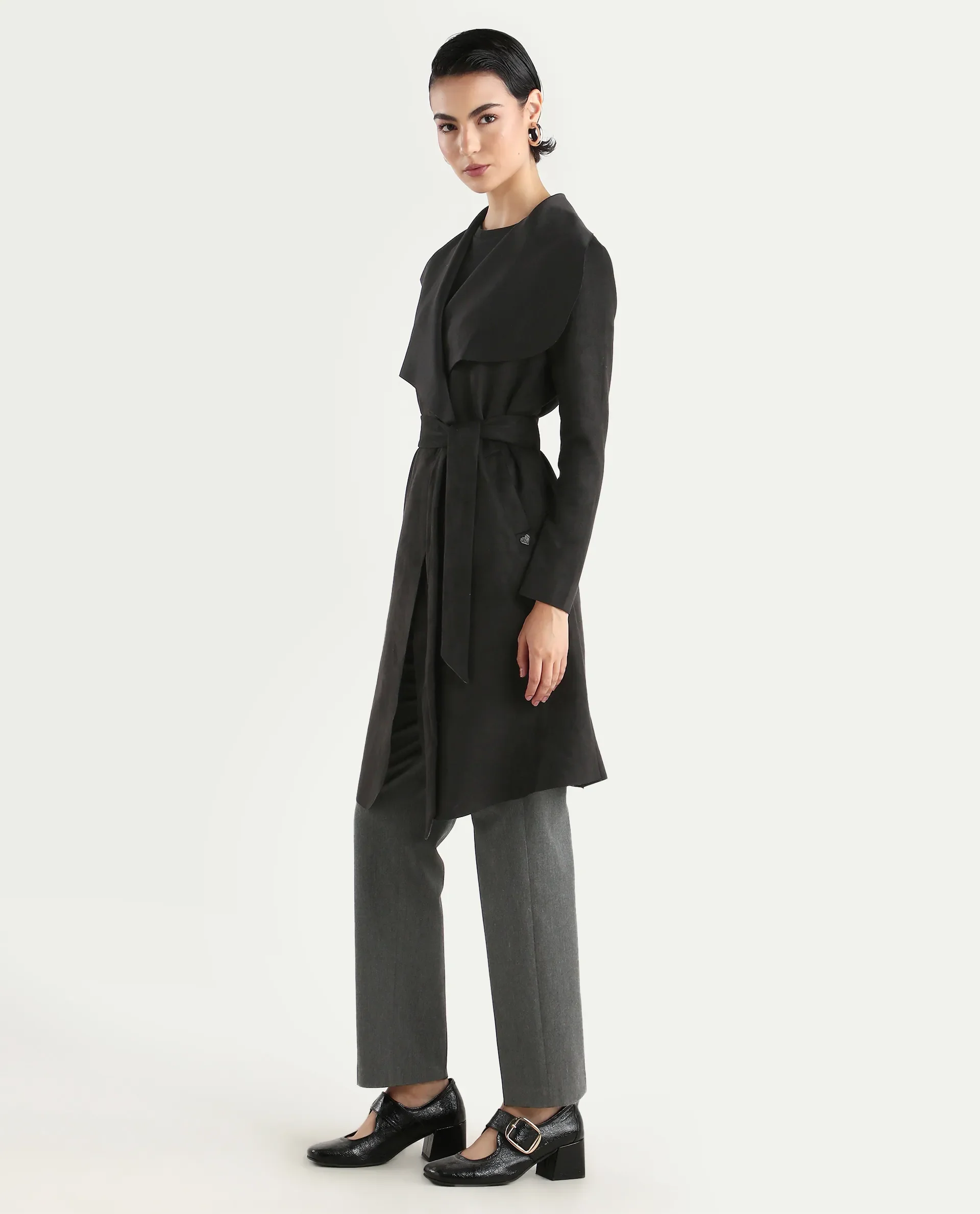 Rareism Women's Palmer 2 Black Suede Waterfall Neck Plain Midi Boxy Fit Jacket - Image 6