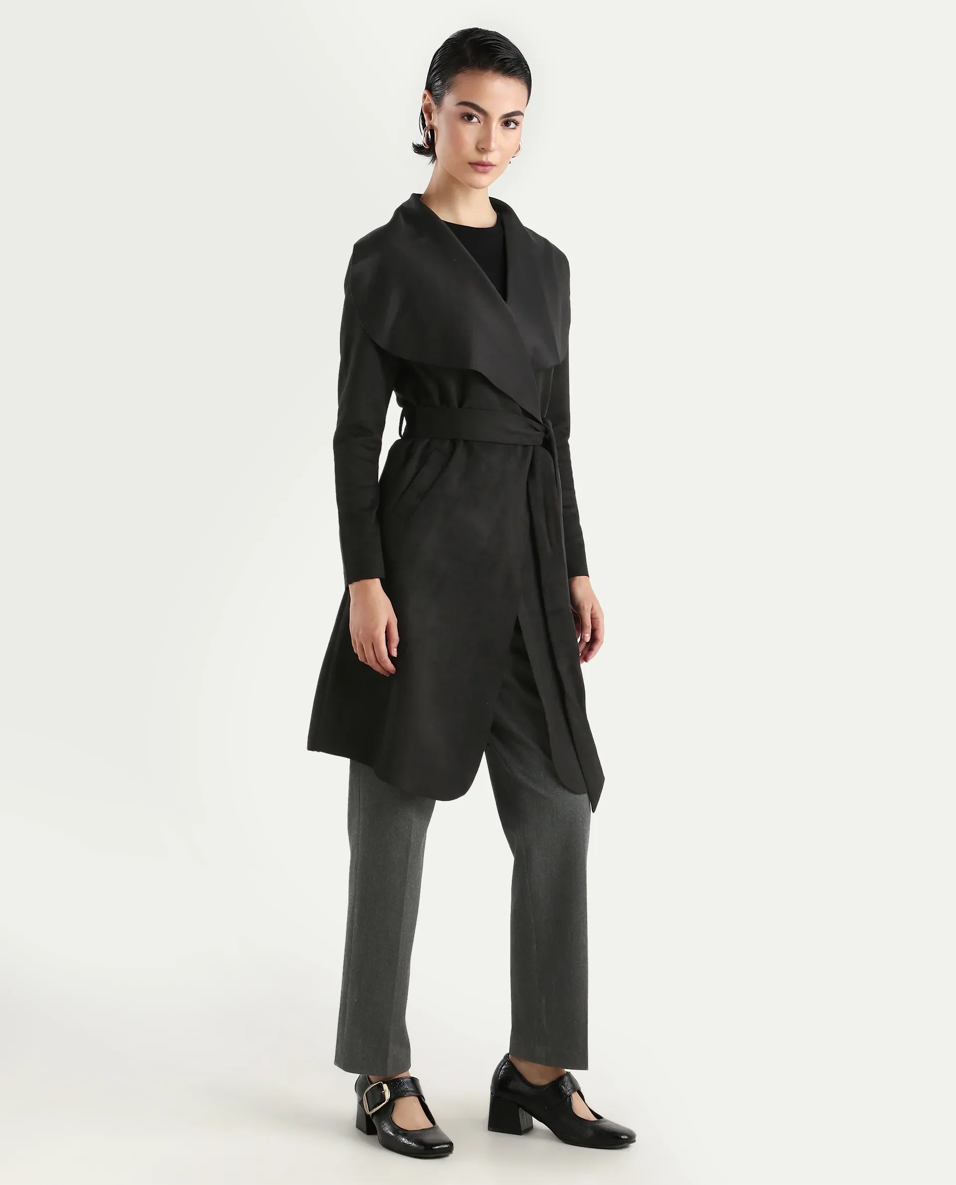 Rareism Women's Palmer 2 Black Suede Waterfall Neck Plain Midi Boxy Fit Jacket - Image 7