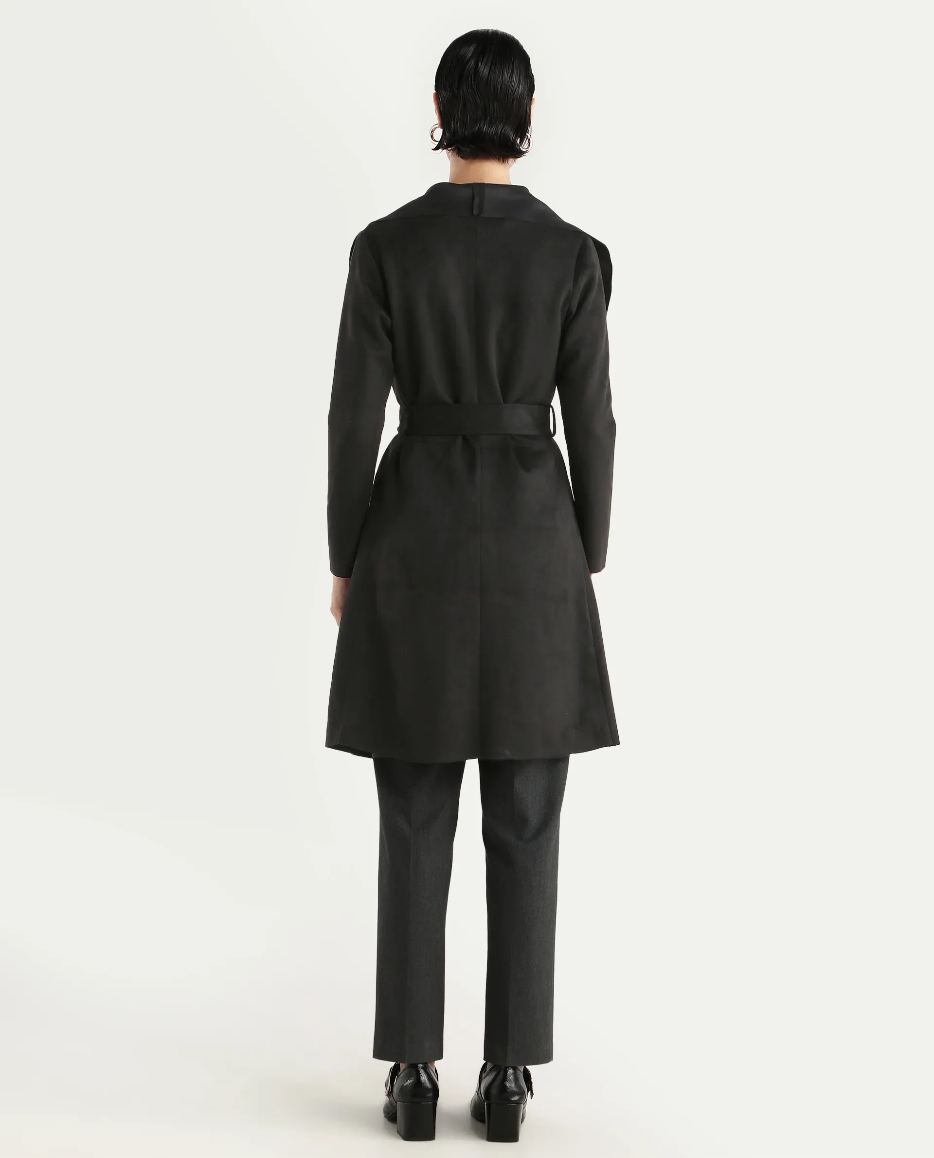 Rareism Women's Palmer 2 Black Suede Waterfall Neck Plain Midi Boxy Fit Jacket - Image 8