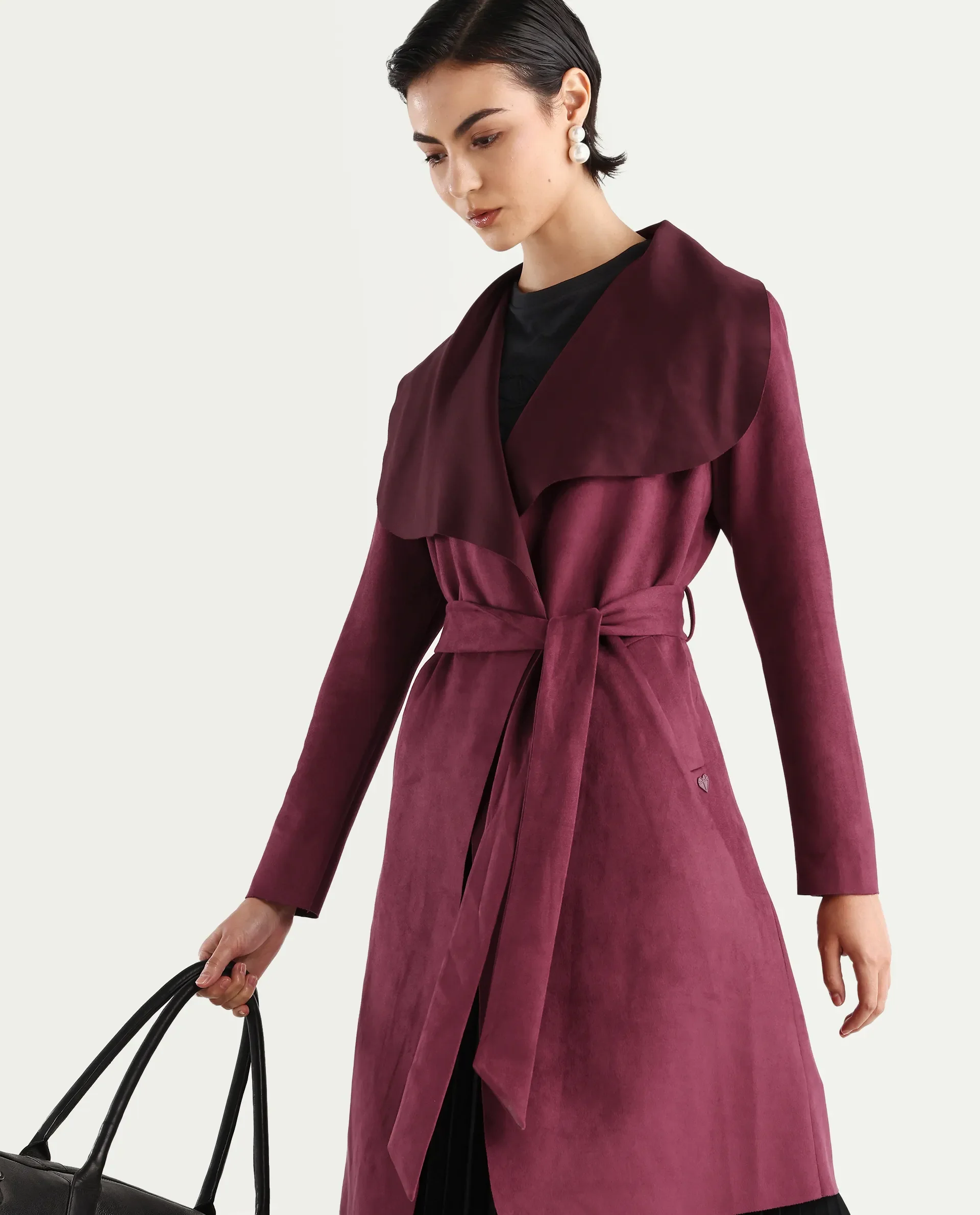 Rareism Women's Palmer 2 Maroon Suede Waterfall Neck Plain Midi Boxy Fit Jacket - Image 2